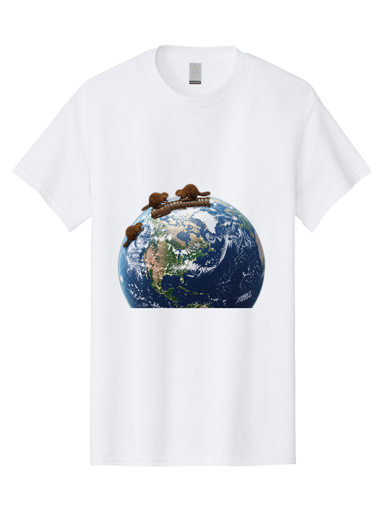 Beavers-On-Globe Men'S Graphic Tee, 100% Cotton, Comfortable Casual Summer Wear, Machine Washable, Beavers Building Dam On Top Of The Earth, Global Unity, Wildlife Conservation, Environmental Protection, Teamwork, Creative Beavers, Beaver Dam Baa157
