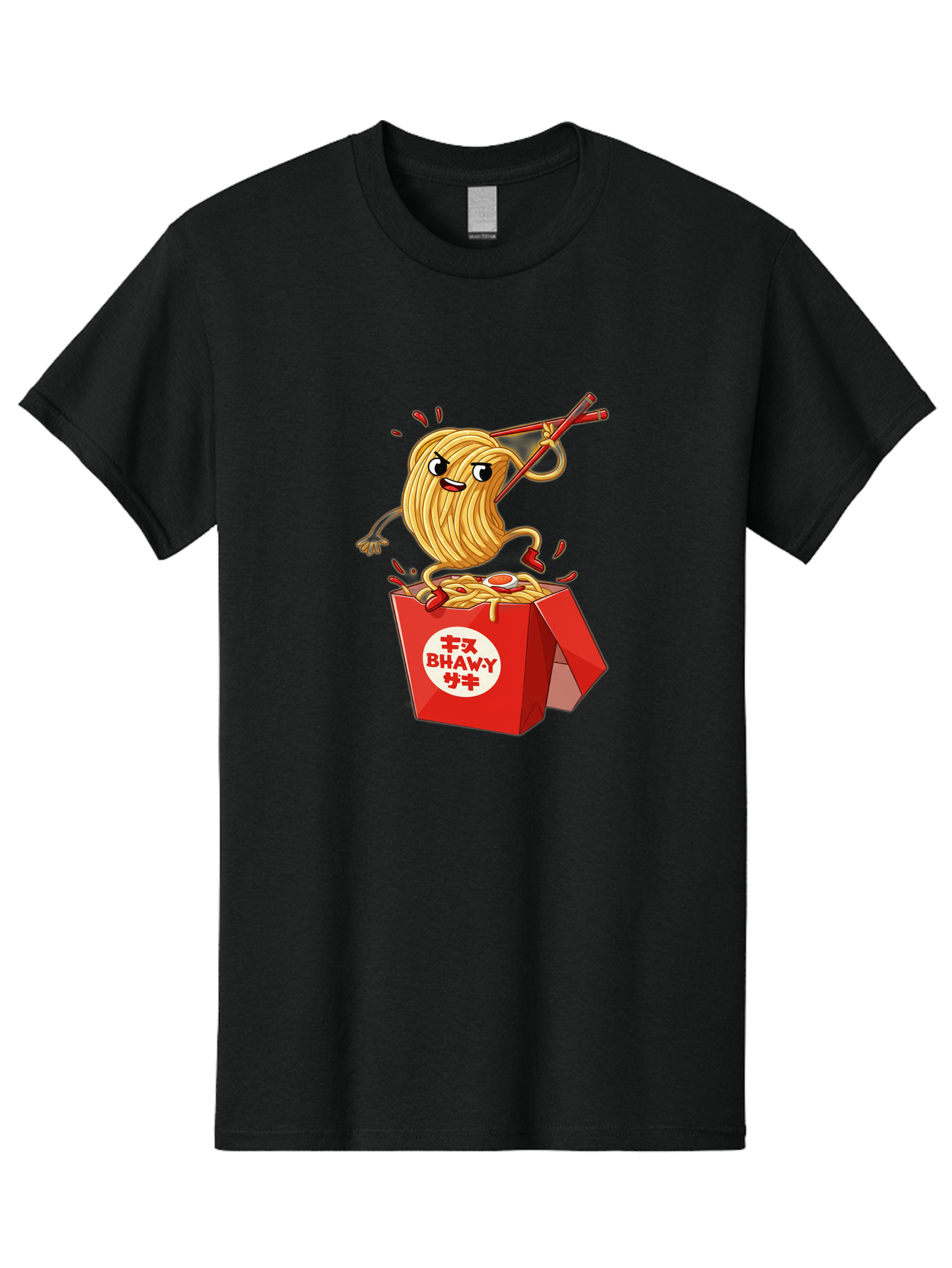 Bhawy-S-Noodle-Guy Men'S Graphic Tee, 100% Cotton, Comfortable Casual Summer Wear, Machine Washable, Cartoon Noodles, Takeout Box, Red Chopsticks, Happy Face, Animated Food, Bhawey, Japanese Characters, Noodle Takeout, Delicious Meal, Baa159