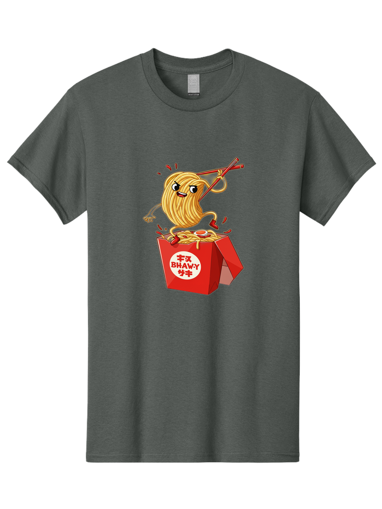 Bhawy-S-Noodle-Guy Men'S Graphic Tee, 100% Cotton, Comfortable Casual Summer Wear, Machine Washable, Cartoon Noodles, Takeout Box, Red Chopsticks, Happy Face, Animated Food, Bhawey, Japanese Characters, Noodle Takeout, Delicious Meal, Baa159