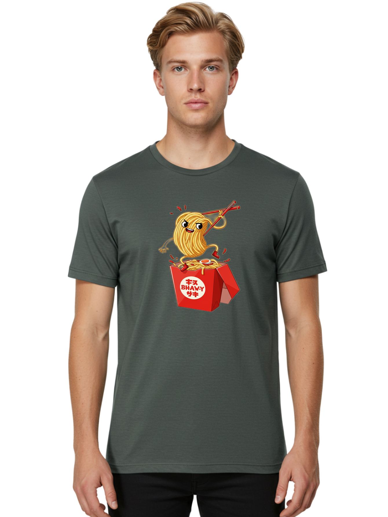Bhawy-S-Noodle-Guy Men'S Graphic Tee, 100% Cotton, Comfortable Casual Summer Wear, Machine Washable, Cartoon Noodles, Takeout Box, Red Chopsticks, Happy Face, Animated Food, Bhawey, Japanese Characters, Noodle Takeout, Delicious Meal, Baa159