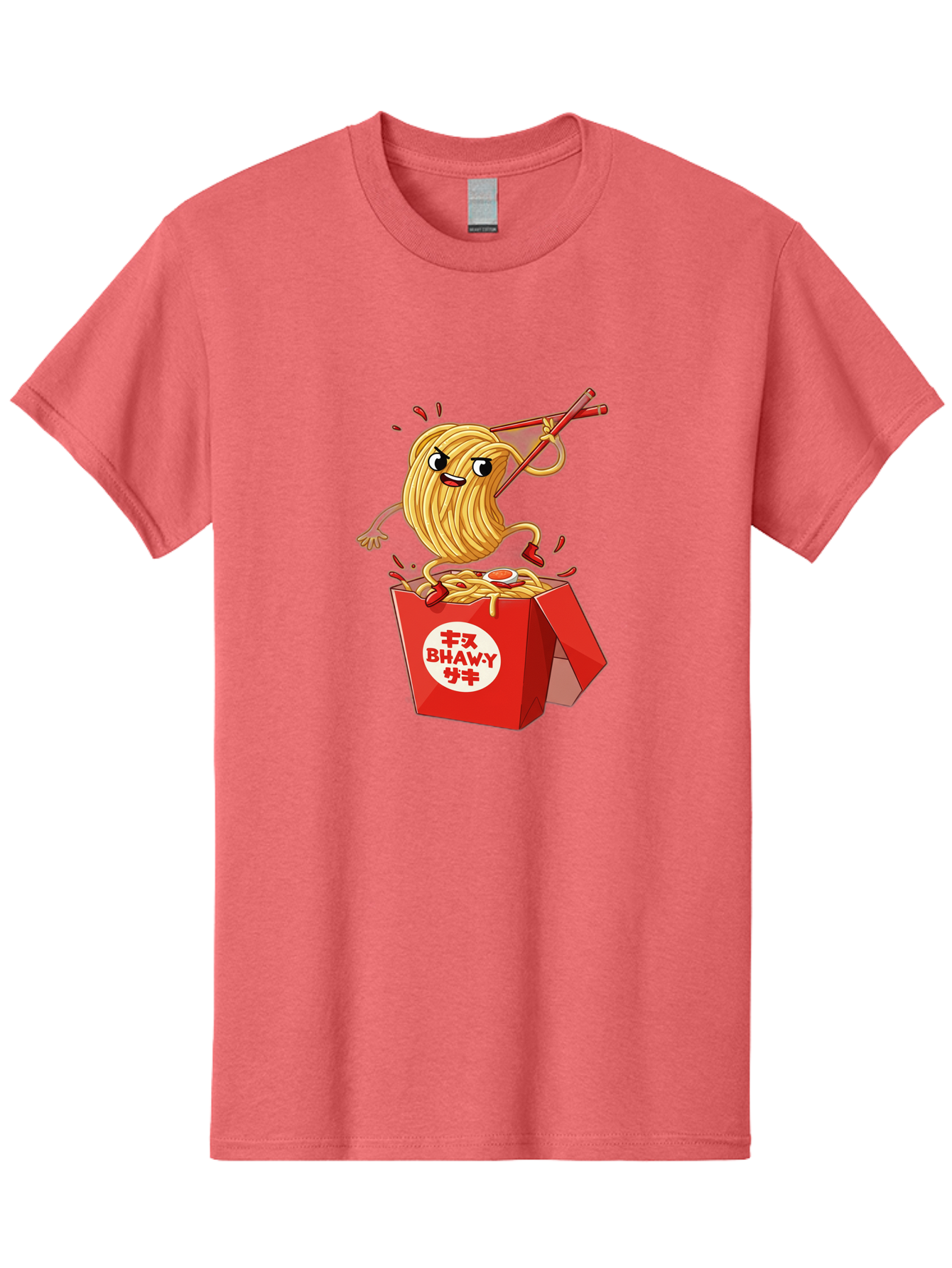 Bhawy-S-Noodle-Guy Men'S Graphic Tee, 100% Cotton, Comfortable Casual Summer Wear, Machine Washable, Cartoon Noodles, Takeout Box, Red Chopsticks, Happy Face, Animated Food, Bhawey, Japanese Characters, Noodle Takeout, Delicious Meal, Baa159