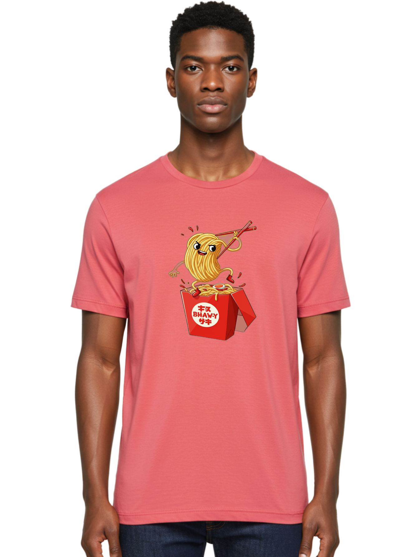 Bhawy-S-Noodle-Guy Men'S Graphic Tee, 100% Cotton, Comfortable Casual Summer Wear, Machine Washable, Cartoon Noodles, Takeout Box, Red Chopsticks, Happy Face, Animated Food, Bhawey, Japanese Characters, Noodle Takeout, Delicious Meal, Baa159