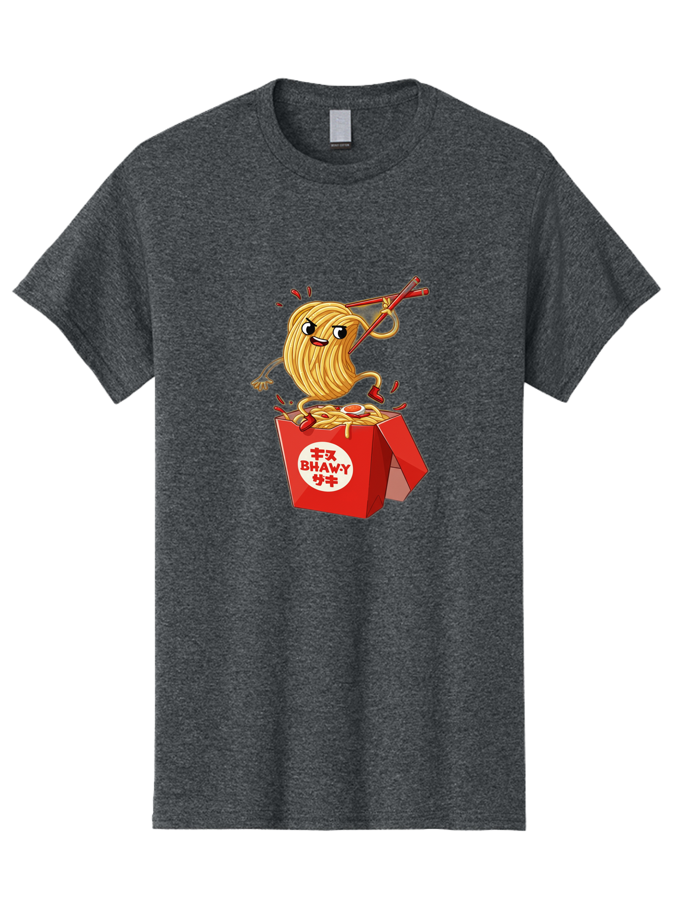 Bhawy-S-Noodle-Guy Men'S Graphic Tee, 100% Cotton, Comfortable Casual Summer Wear, Machine Washable, Cartoon Noodles, Takeout Box, Red Chopsticks, Happy Face, Animated Food, Bhawey, Japanese Characters, Noodle Takeout, Delicious Meal, Baa159
