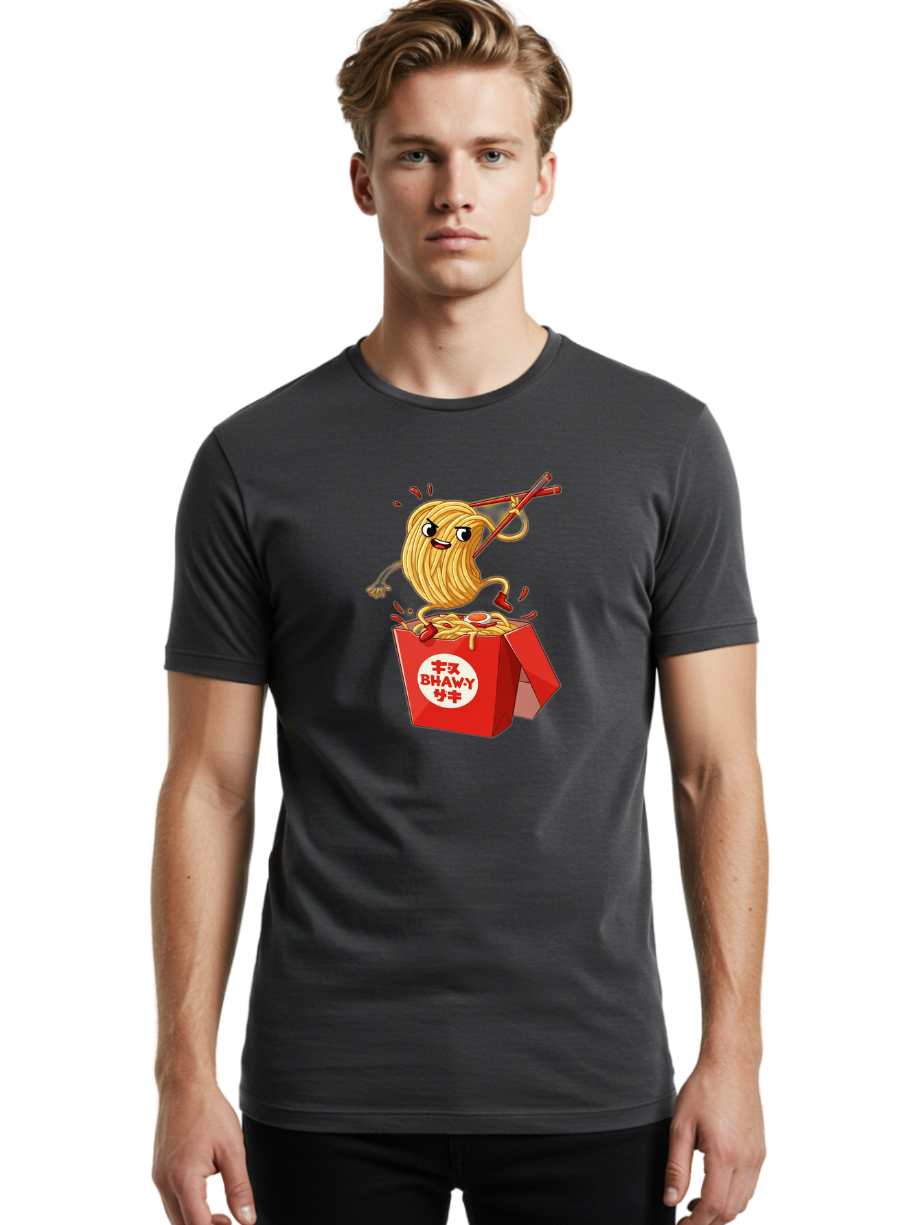 Bhawy-S-Noodle-Guy Men'S Graphic Tee, 100% Cotton, Comfortable Casual Summer Wear, Machine Washable, Cartoon Noodles, Takeout Box, Red Chopsticks, Happy Face, Animated Food, Bhawey, Japanese Characters, Noodle Takeout, Delicious Meal, Baa159