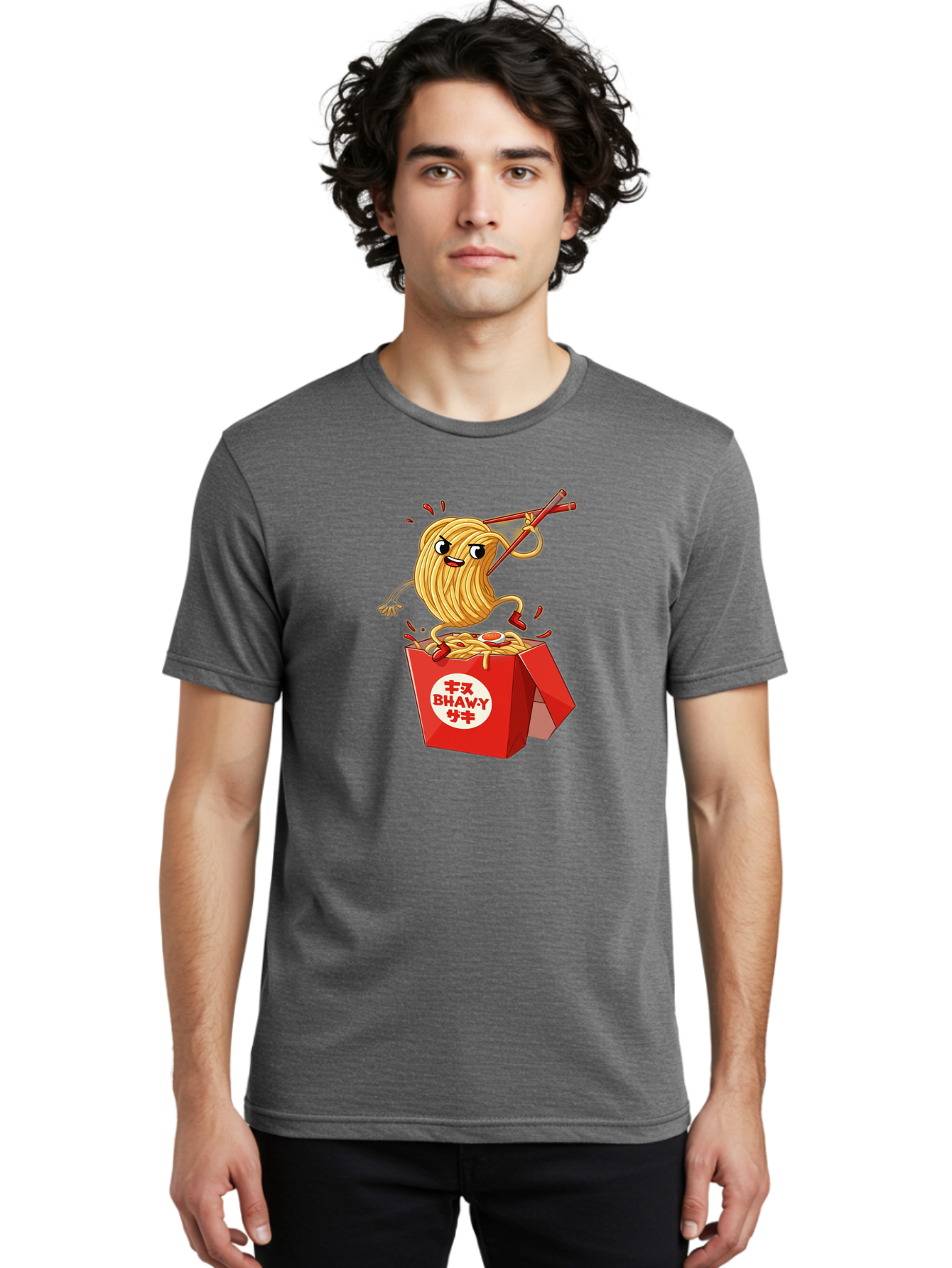Bhawy-S-Noodle-Guy Men'S Graphic Tee, 100% Cotton, Comfortable Casual Summer Wear, Machine Washable, Cartoon Noodles, Takeout Box, Red Chopsticks, Happy Face, Animated Food, Bhawey, Japanese Characters, Noodle Takeout, Delicious Meal, Baa159