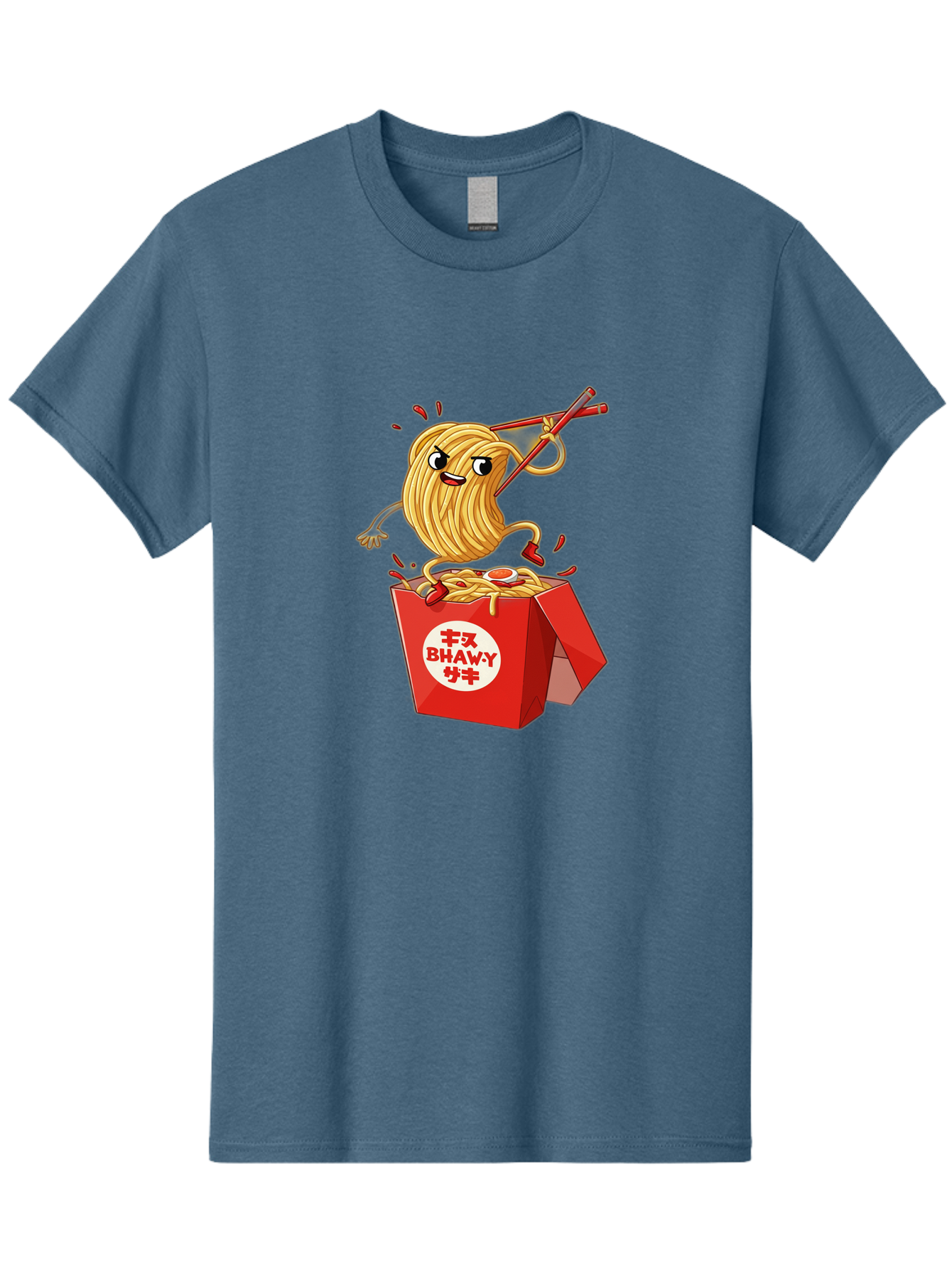 Bhawy-S-Noodle-Guy Men'S Graphic Tee, 100% Cotton, Comfortable Casual Summer Wear, Machine Washable, Cartoon Noodles, Takeout Box, Red Chopsticks, Happy Face, Animated Food, Bhawey, Japanese Characters, Noodle Takeout, Delicious Meal, Baa159