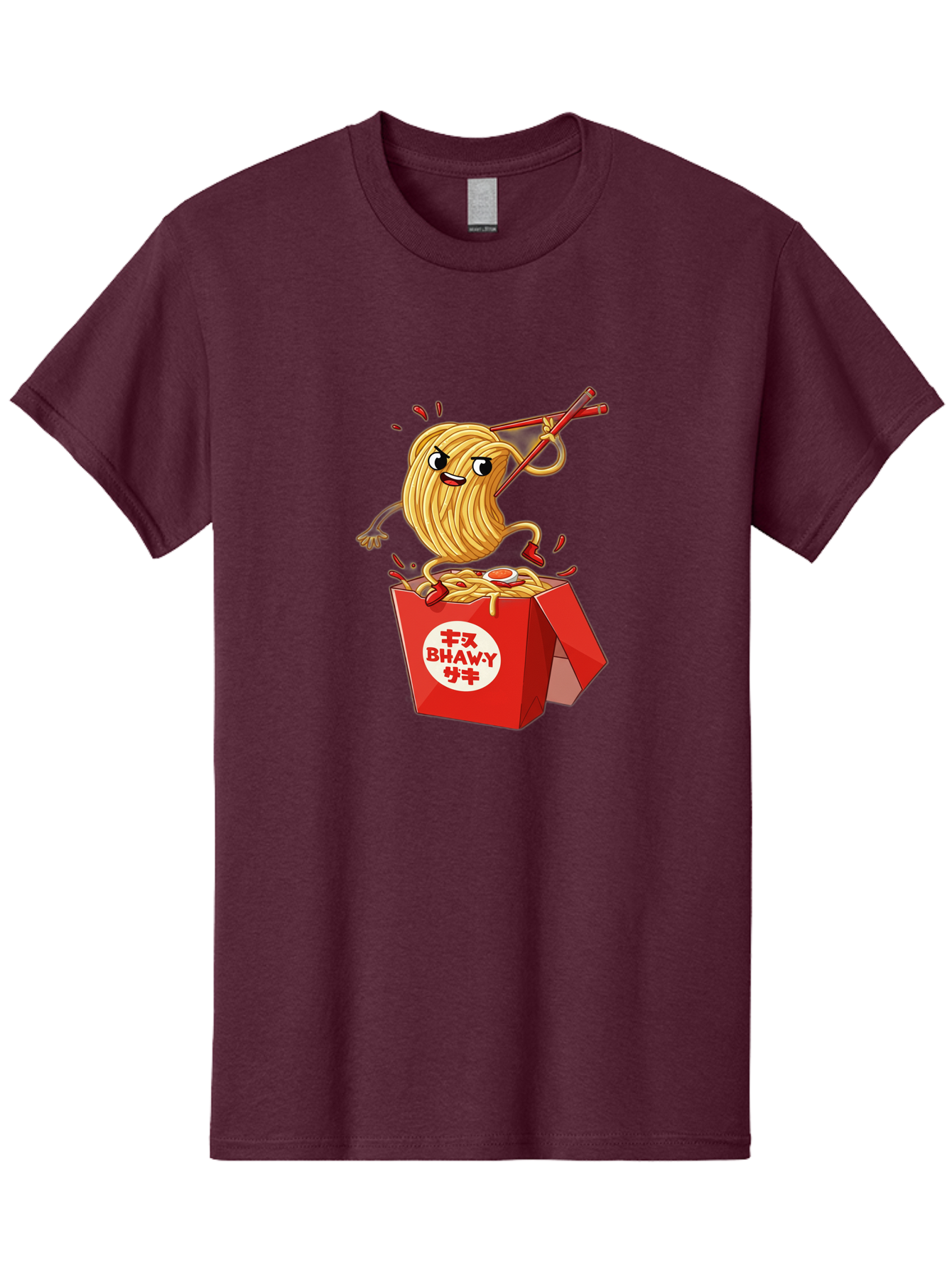 Bhawy-S-Noodle-Guy Men'S Graphic Tee, 100% Cotton, Comfortable Casual Summer Wear, Machine Washable, Cartoon Noodles, Takeout Box, Red Chopsticks, Happy Face, Animated Food, Bhawey, Japanese Characters, Noodle Takeout, Delicious Meal, Baa159