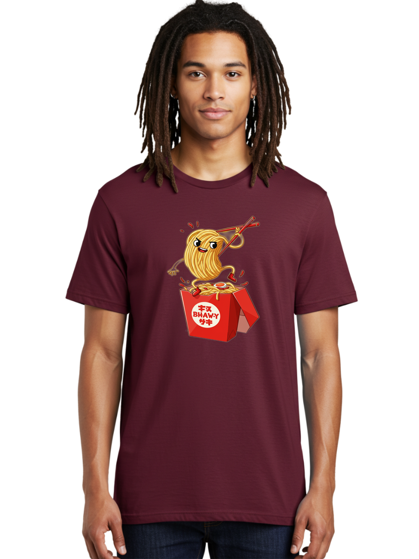 Bhawy-S-Noodle-Guy Men'S Graphic Tee, 100% Cotton, Comfortable Casual Summer Wear, Machine Washable, Cartoon Noodles, Takeout Box, Red Chopsticks, Happy Face, Animated Food, Bhawey, Japanese Characters, Noodle Takeout, Delicious Meal, Baa159