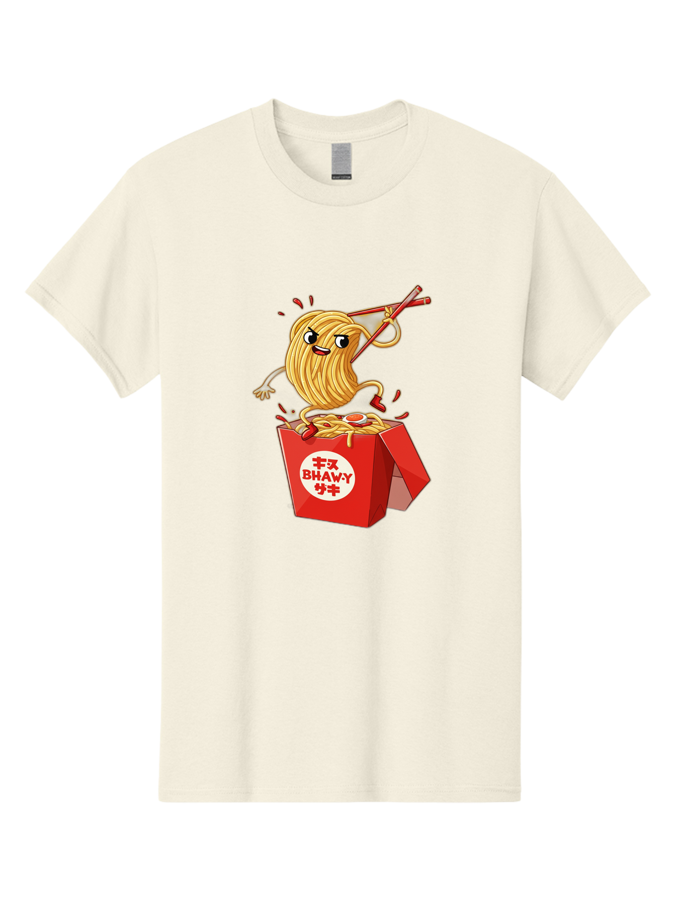 Bhawy-S-Noodle-Guy Men'S Graphic Tee, 100% Cotton, Comfortable Casual Summer Wear, Machine Washable, Cartoon Noodles, Takeout Box, Red Chopsticks, Happy Face, Animated Food, Bhawey, Japanese Characters, Noodle Takeout, Delicious Meal, Baa159