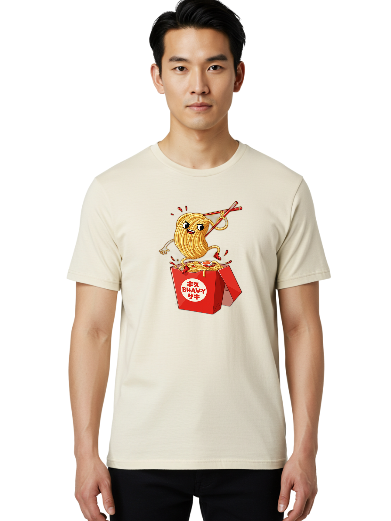 Bhawy-S-Noodle-Guy Men'S Graphic Tee, 100% Cotton, Comfortable Casual Summer Wear, Machine Washable, Cartoon Noodles, Takeout Box, Red Chopsticks, Happy Face, Animated Food, Bhawey, Japanese Characters, Noodle Takeout, Delicious Meal, Baa159