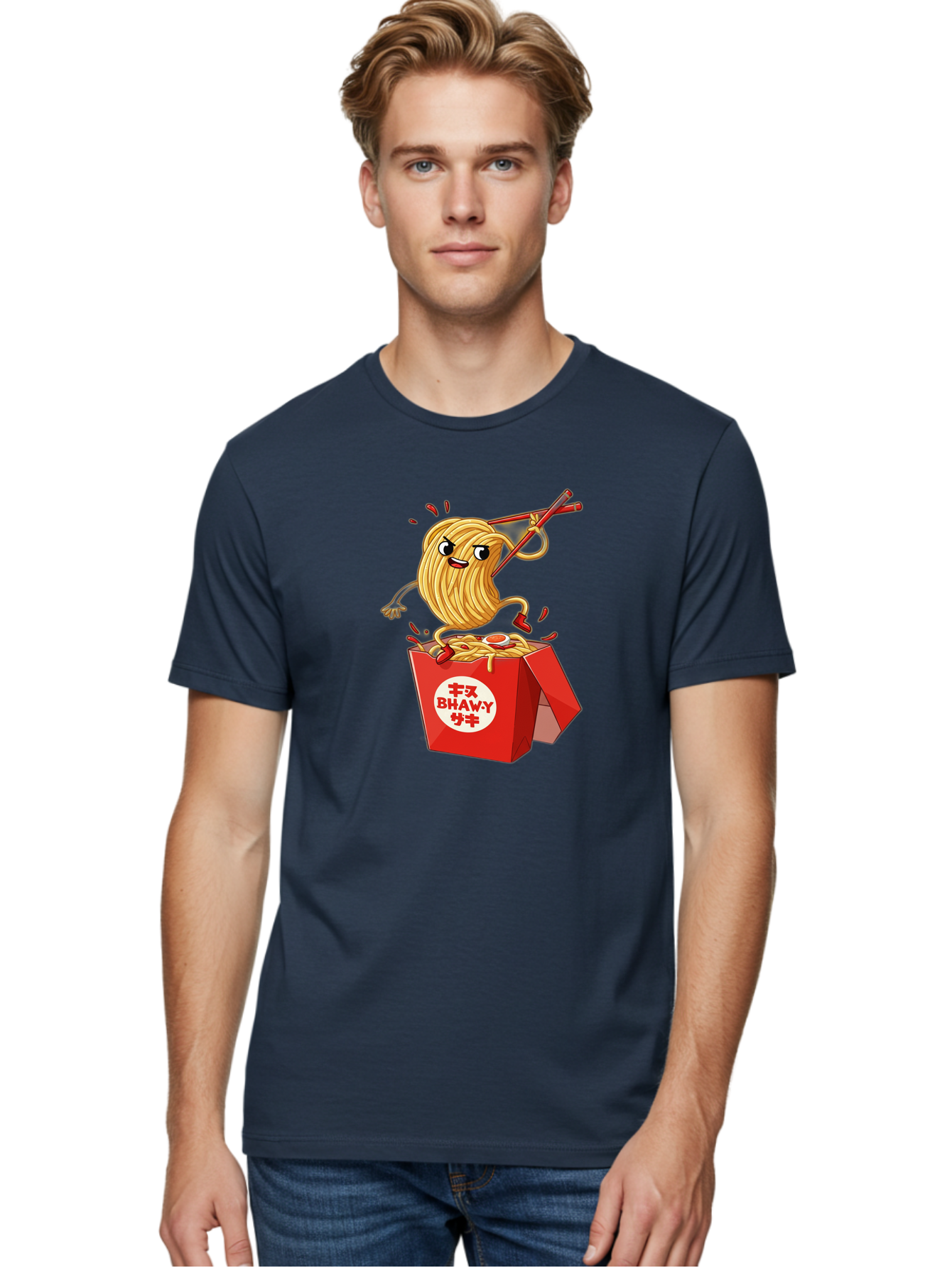 Bhawy-S-Noodle-Guy Men'S Graphic Tee, 100% Cotton, Comfortable Casual Summer Wear, Machine Washable, Cartoon Noodles, Takeout Box, Red Chopsticks, Happy Face, Animated Food, Bhawey, Japanese Characters, Noodle Takeout, Delicious Meal, Baa159