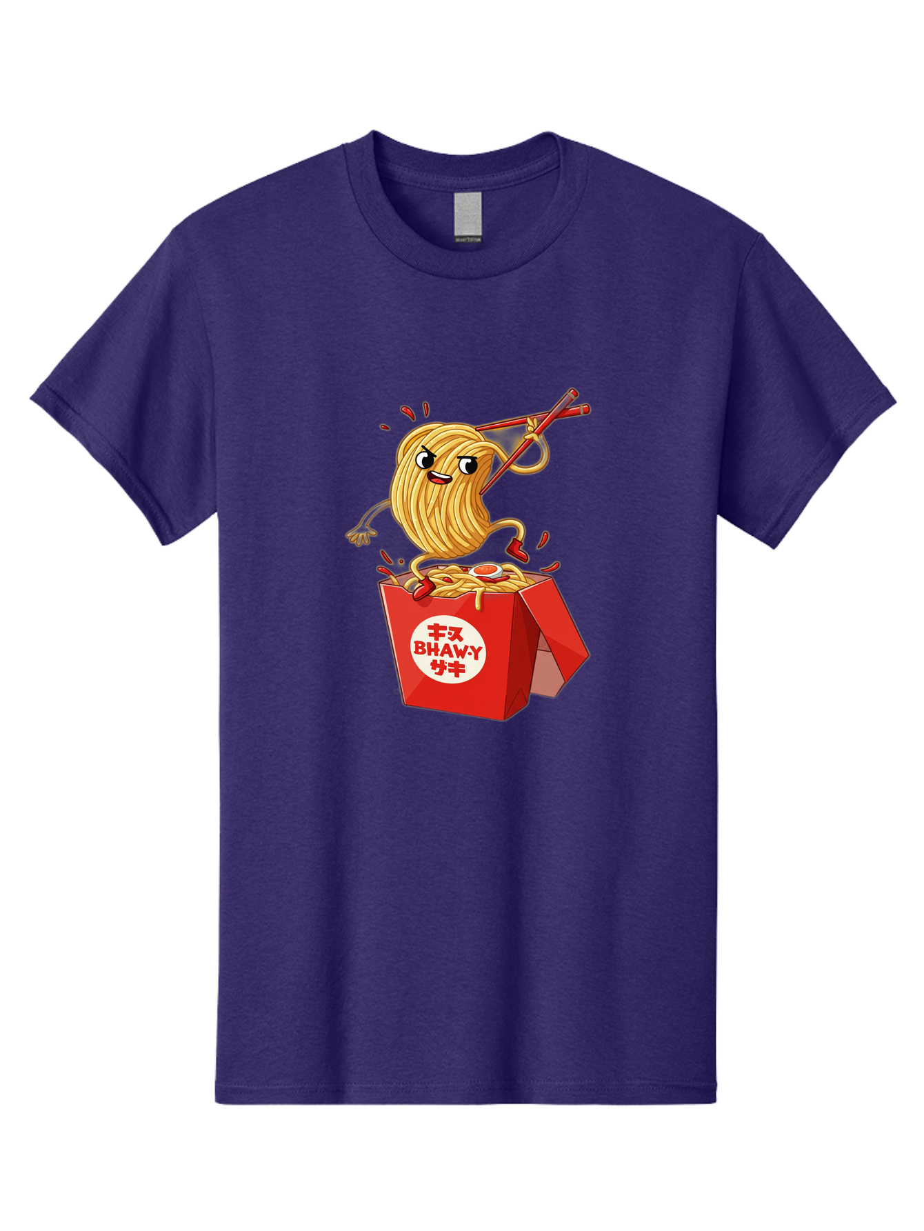 Bhawy-S-Noodle-Guy Men'S Graphic Tee, 100% Cotton, Comfortable Casual Summer Wear, Machine Washable, Cartoon Noodles, Takeout Box, Red Chopsticks, Happy Face, Animated Food, Bhawey, Japanese Characters, Noodle Takeout, Delicious Meal, Baa159