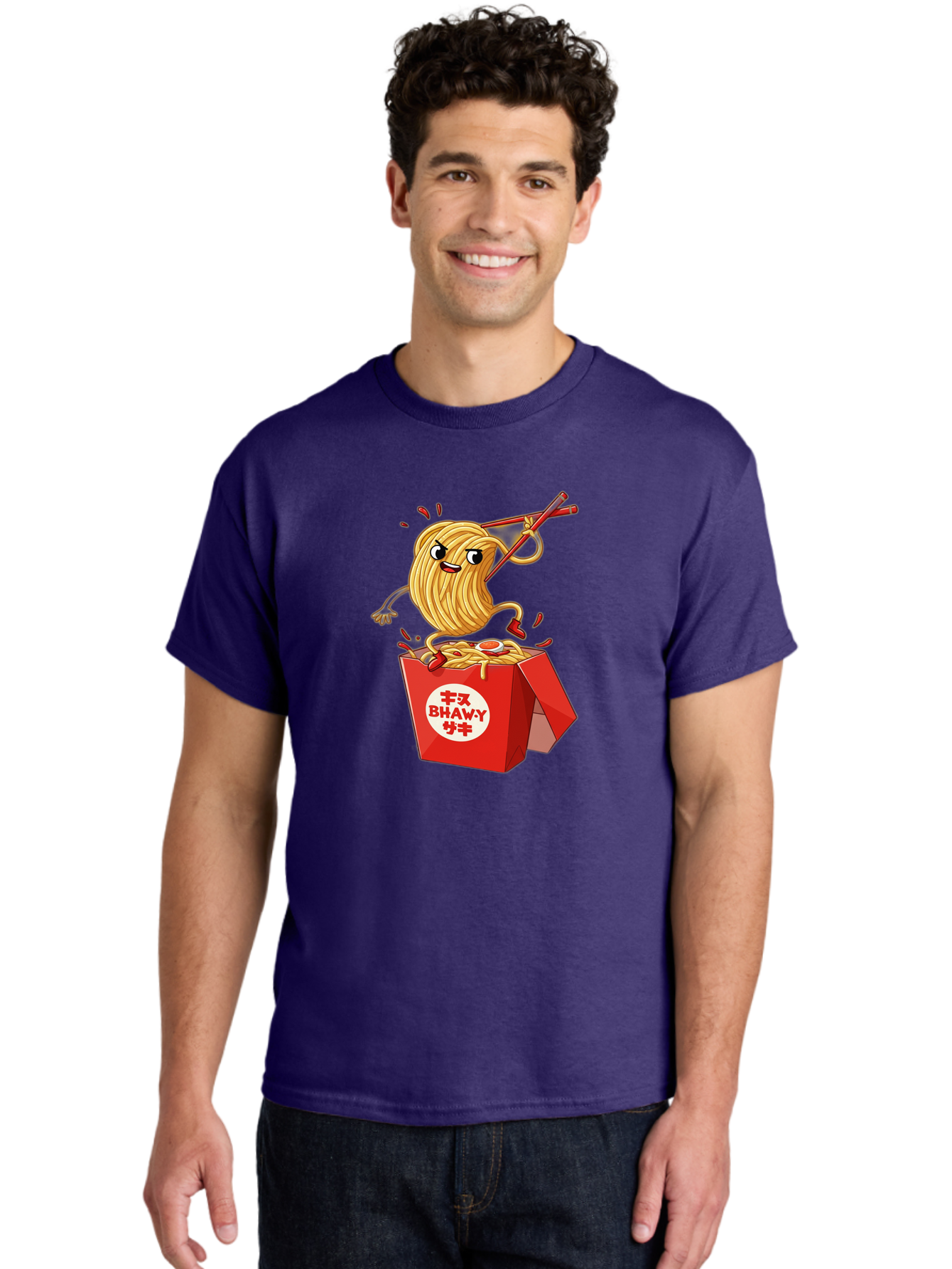 Bhawy-S-Noodle-Guy Men'S Graphic Tee, 100% Cotton, Comfortable Casual Summer Wear, Machine Washable, Cartoon Noodles, Takeout Box, Red Chopsticks, Happy Face, Animated Food, Bhawey, Japanese Characters, Noodle Takeout, Delicious Meal, Baa159