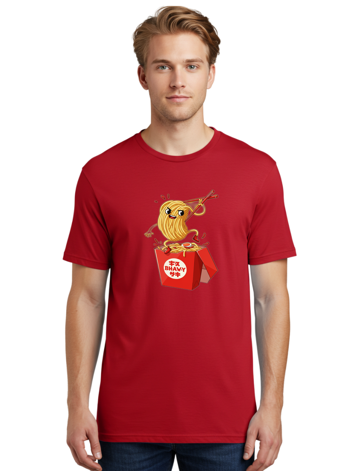Bhawy-S-Noodle-Guy Men'S Graphic Tee, 100% Cotton, Comfortable Casual Summer Wear, Machine Washable, Cartoon Noodles, Takeout Box, Red Chopsticks, Happy Face, Animated Food, Bhawey, Japanese Characters, Noodle Takeout, Delicious Meal, Baa159