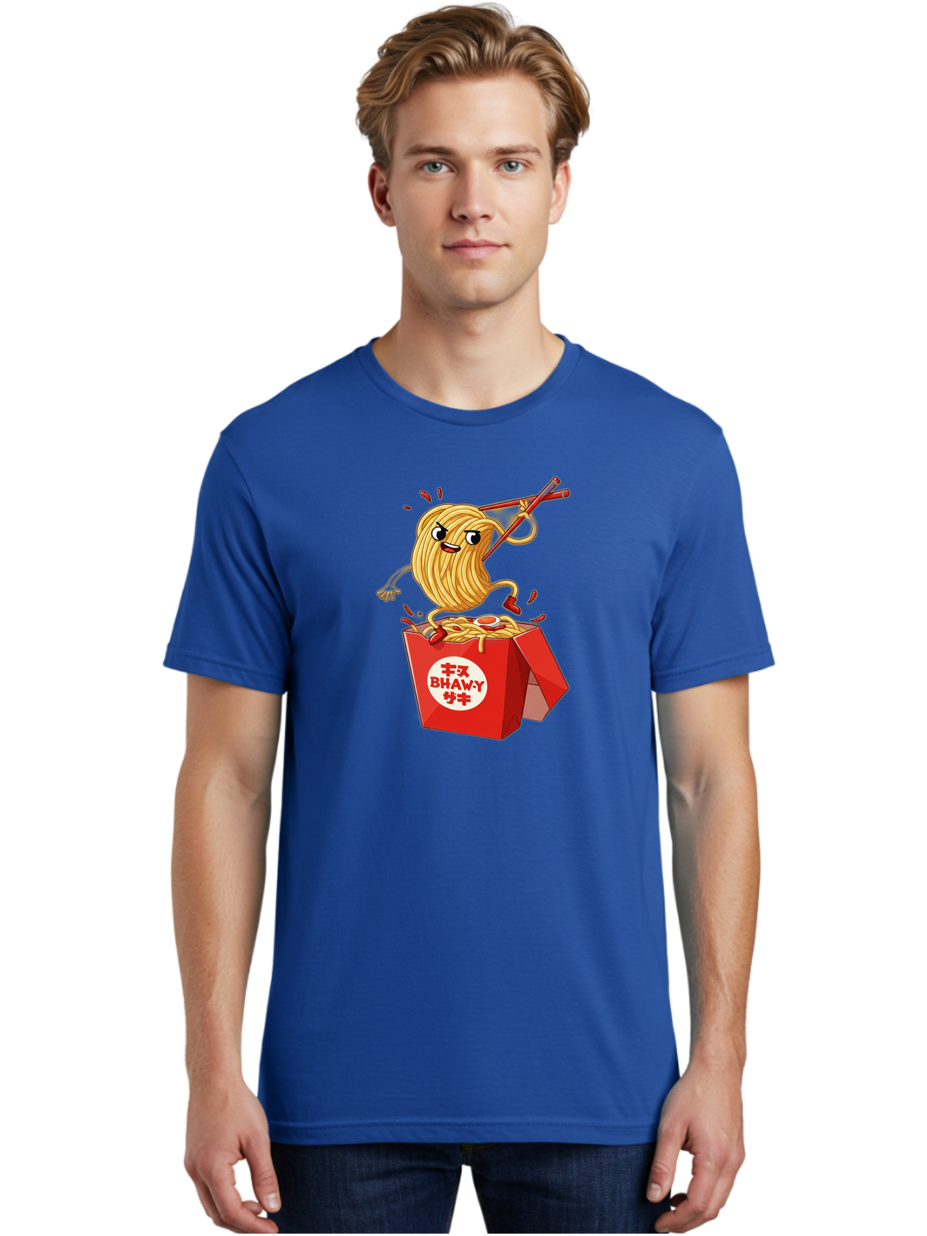 Bhawy-S-Noodle-Guy Men'S Graphic Tee, 100% Cotton, Comfortable Casual Summer Wear, Machine Washable, Cartoon Noodles, Takeout Box, Red Chopsticks, Happy Face, Animated Food, Bhawey, Japanese Characters, Noodle Takeout, Delicious Meal, Baa159