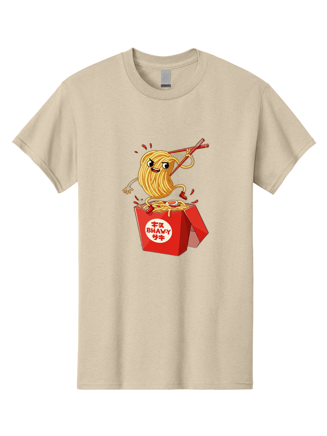 Bhawy-S-Noodle-Guy Men'S Graphic Tee, 100% Cotton, Comfortable Casual Summer Wear, Machine Washable, Cartoon Noodles, Takeout Box, Red Chopsticks, Happy Face, Animated Food, Bhawey, Japanese Characters, Noodle Takeout, Delicious Meal, Baa159
