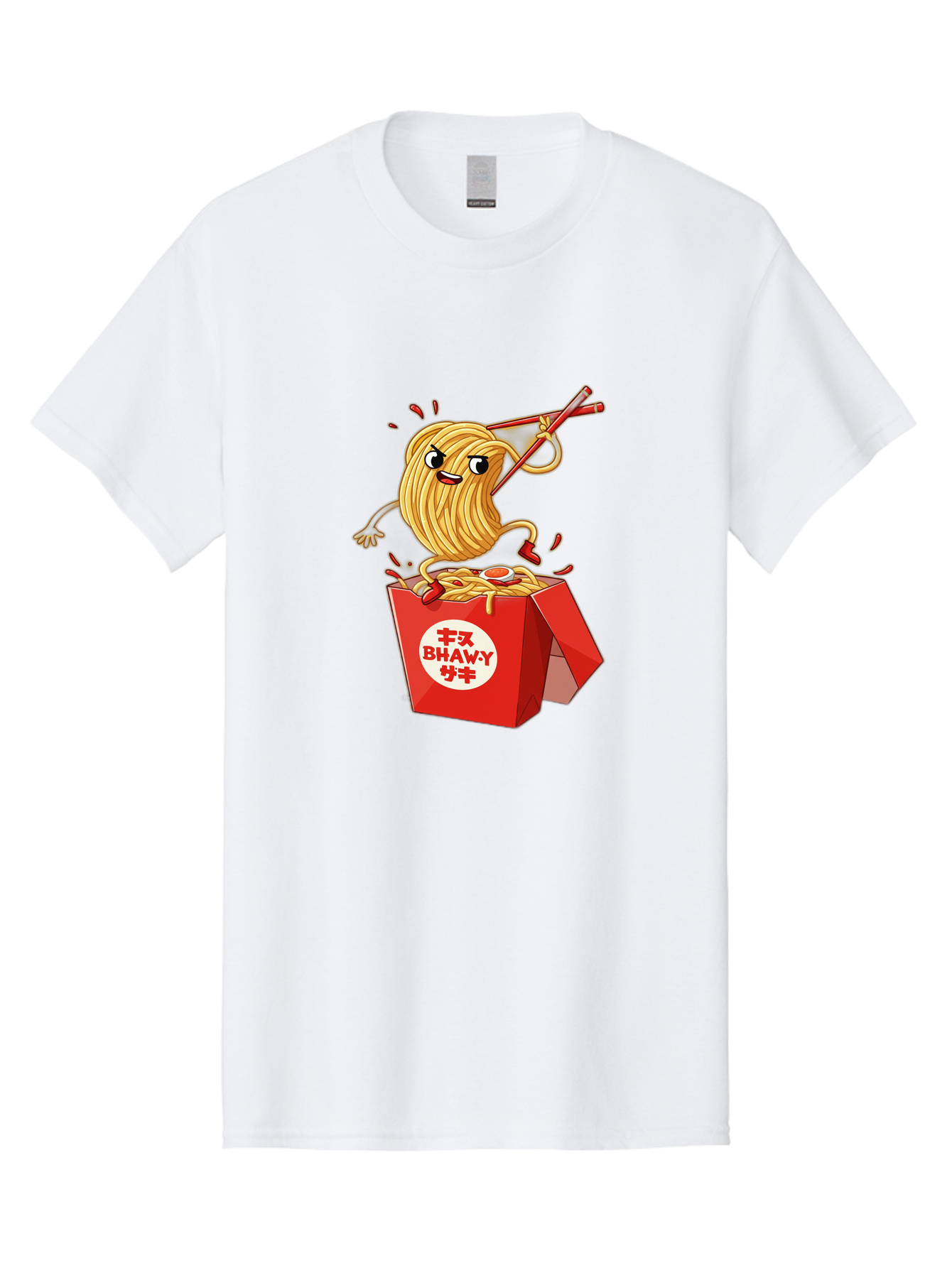 Bhawy-S-Noodle-Guy Men'S Graphic Tee, 100% Cotton, Comfortable Casual Summer Wear, Machine Washable, Cartoon Noodles, Takeout Box, Red Chopsticks, Happy Face, Animated Food, Bhawey, Japanese Characters, Noodle Takeout, Delicious Meal, Baa159