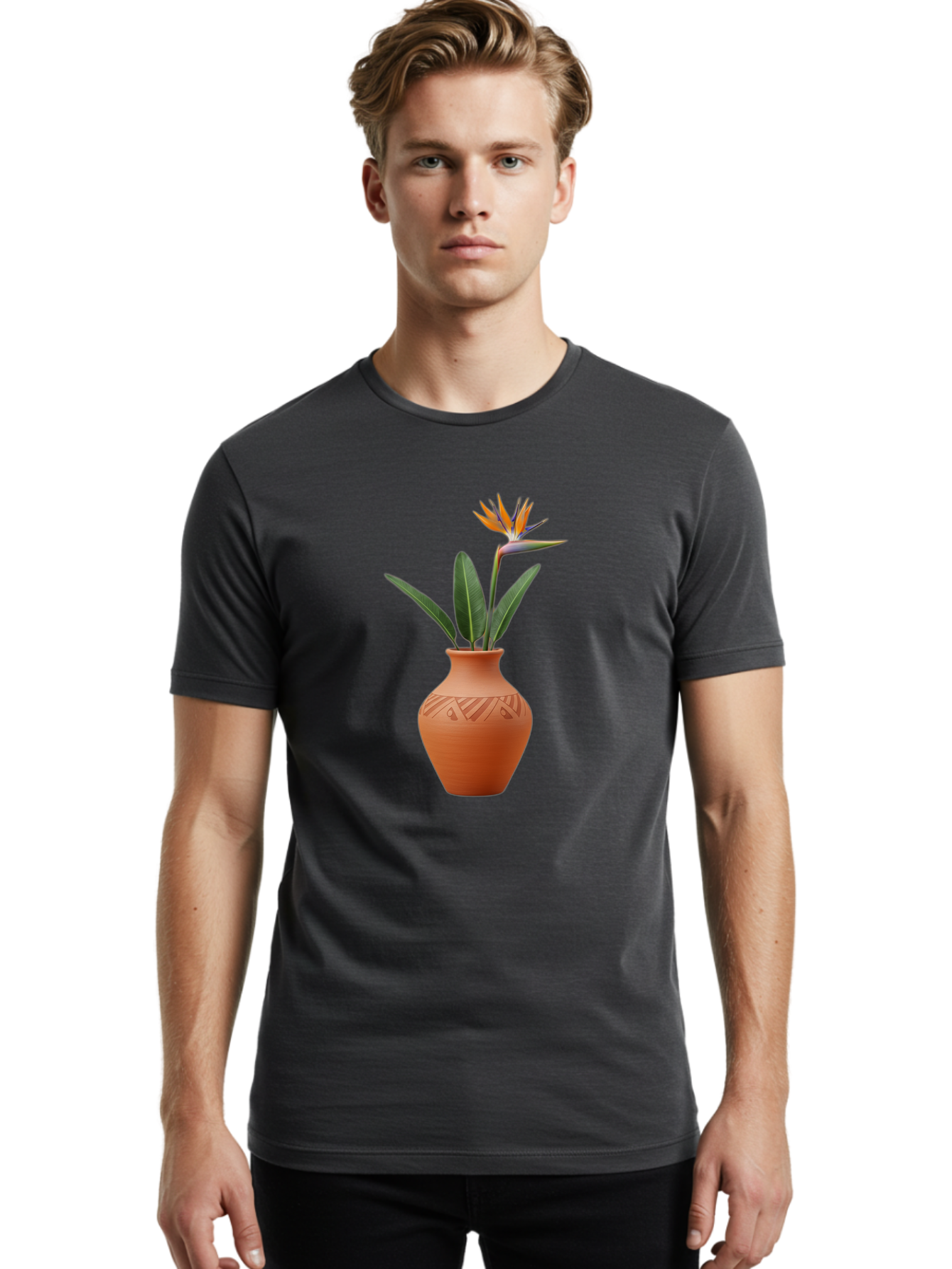 Bird-Of-Paradise Men'S Graphic Tee, 100% Cotton, Comfortable Casual Summer Wear, Machine Washable, Bird Of Paradise Flower, Orange And Green Hues, Clay Pot, Floral Arrangement, Decorative Vase, Tropical Blooms, Exotic Flower, Botanical Art Baa161