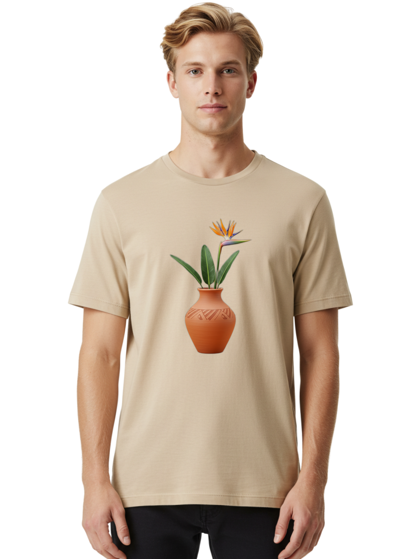 Bird-Of-Paradise Men'S Graphic Tee, 100% Cotton, Comfortable Casual Summer Wear, Machine Washable, Bird Of Paradise Flower, Orange And Green Hues, Clay Pot, Floral Arrangement, Decorative Vase, Tropical Blooms, Exotic Flower, Botanical Art Baa161