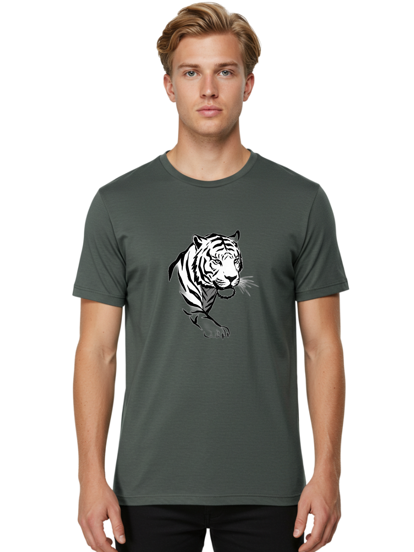 Black-And-White-Tiger Men'S Graphic Tee, 100% Cotton, Comfortable Casual Summer Wear, Machine Washable, Black And White Tiger, Tiger Head, Animal Graphics, Wildlife Art, Tiger Illustration, Bold Stripes, Fierce Expression, Cartoon Style Baa163