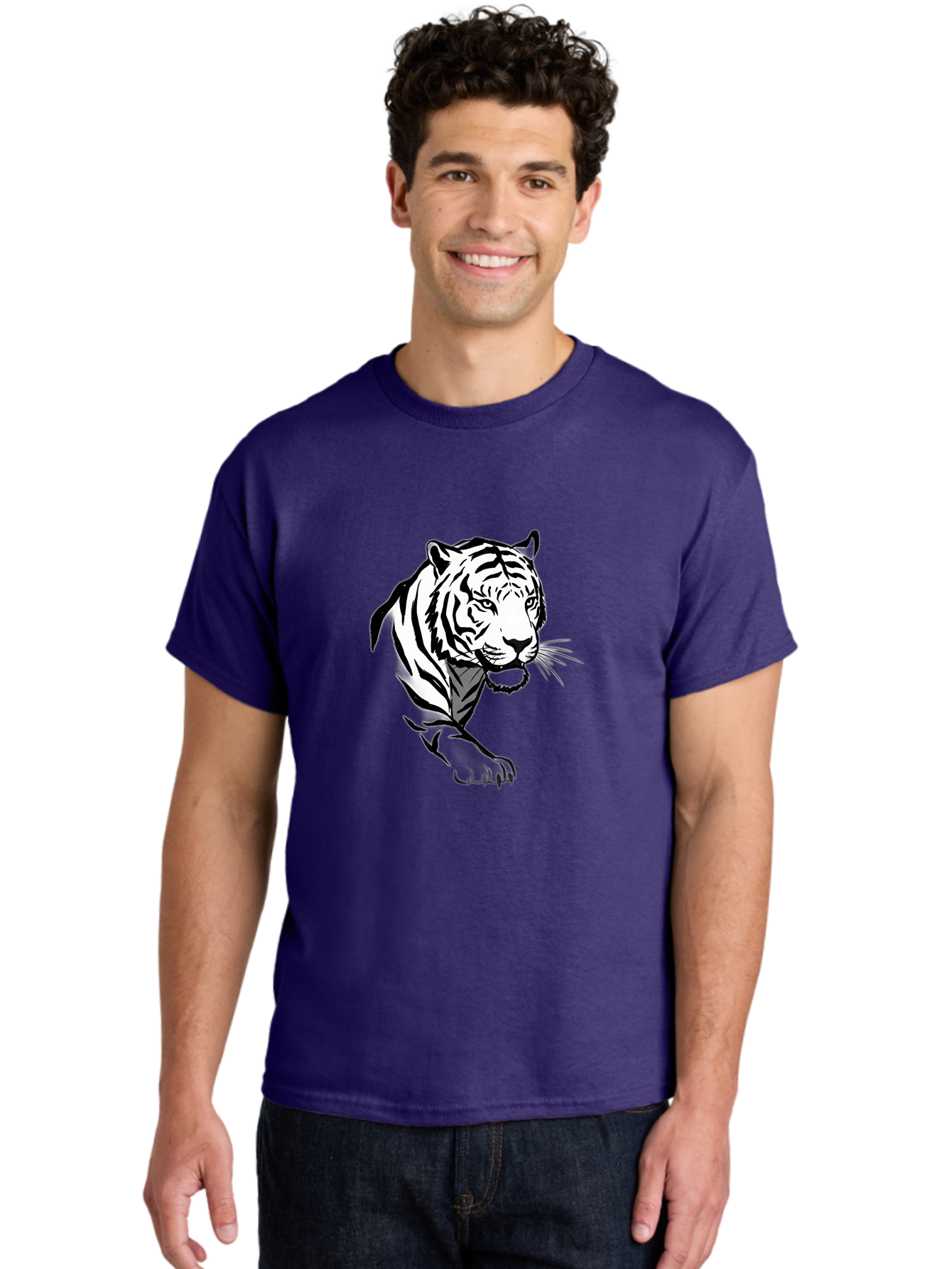 Black-And-White-Tiger Men'S Graphic Tee, 100% Cotton, Comfortable Casual Summer Wear, Machine Washable, Black And White Tiger, Tiger Head, Animal Graphics, Wildlife Art, Tiger Illustration, Bold Stripes, Fierce Expression, Cartoon Style Baa163