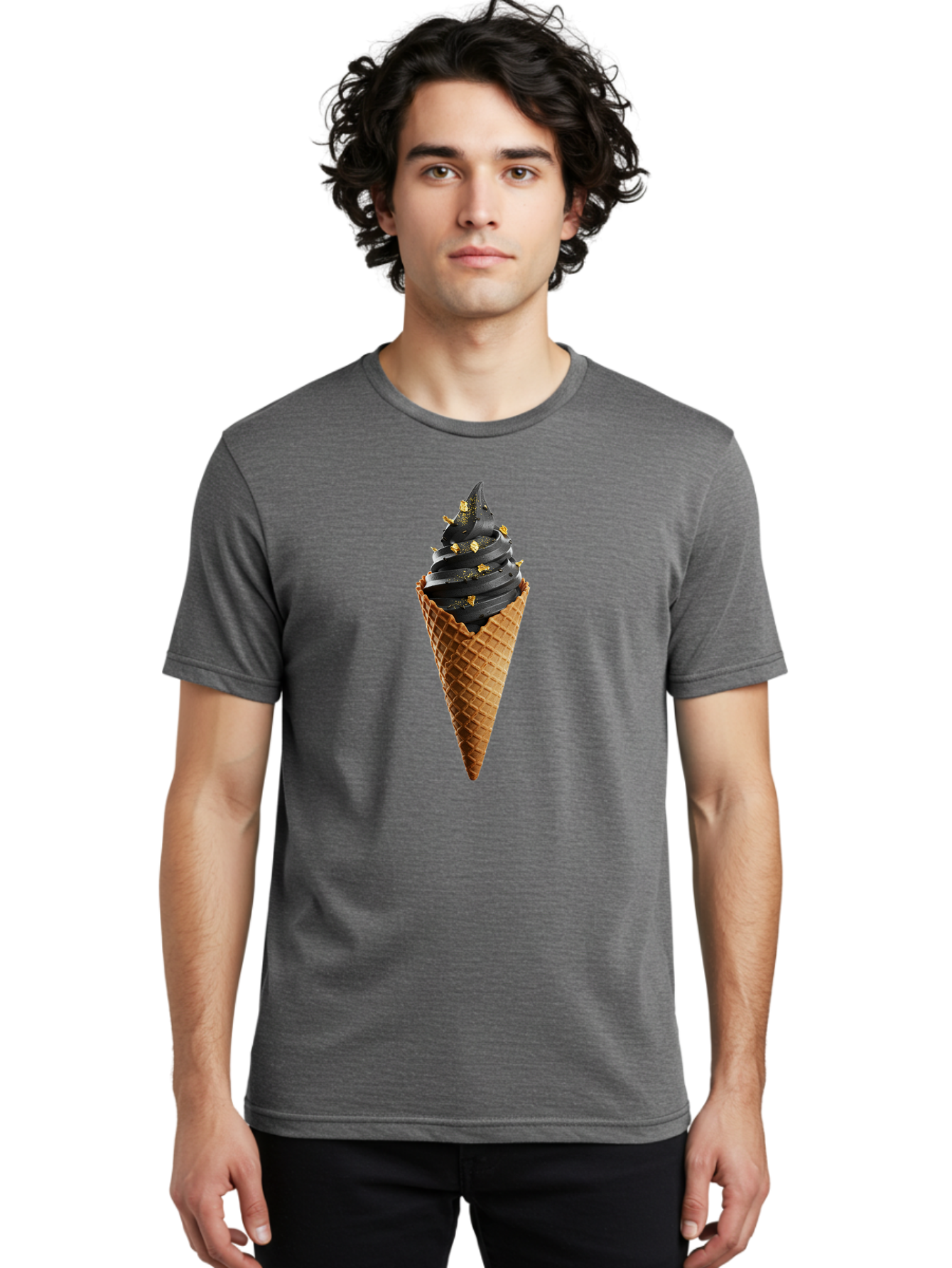 Black-Ice-Cream-Cone Men'S Graphic Tee, 100% Cotton, Comfortable Casual Summer Wear, Machine Washable, Black Ice Cream, Gold Sprinkles, Waffle Cone, Sweet Treat, Indulgent Dessert, Luxurious Ice Cream, Gold Accents, Creamy Texture Baa164
