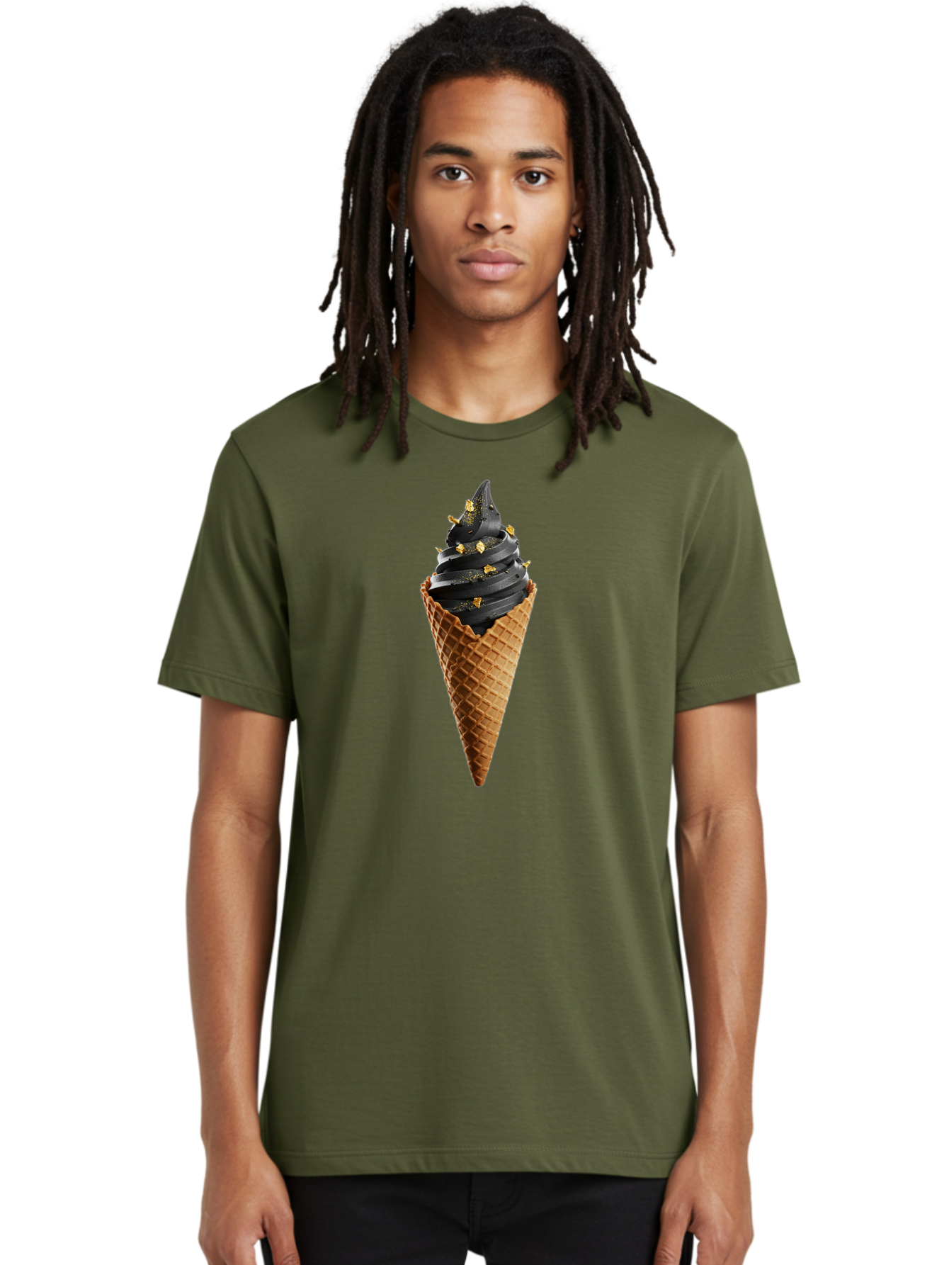 Black-Ice-Cream-Cone Men'S Graphic Tee, 100% Cotton, Comfortable Casual Summer Wear, Machine Washable, Black Ice Cream, Gold Sprinkles, Waffle Cone, Sweet Treat, Indulgent Dessert, Luxurious Ice Cream, Gold Accents, Creamy Texture Baa164