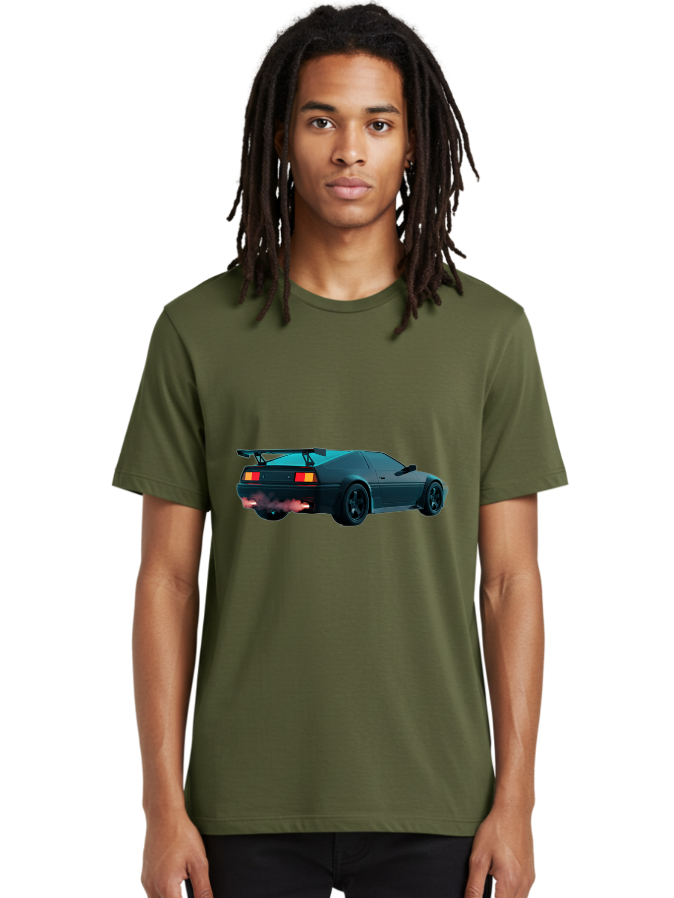 Black-Sports-Car Men'S Graphic Tee, 100% Cotton, Comfortable Casual Summer Wear, Machine Washable, Classic Sports Car, Drift Car, Rear View, Black Car, Red Brake Lights, Orange Turn Signals, Black Spoiler, Smoke From Exhaust, Baa165