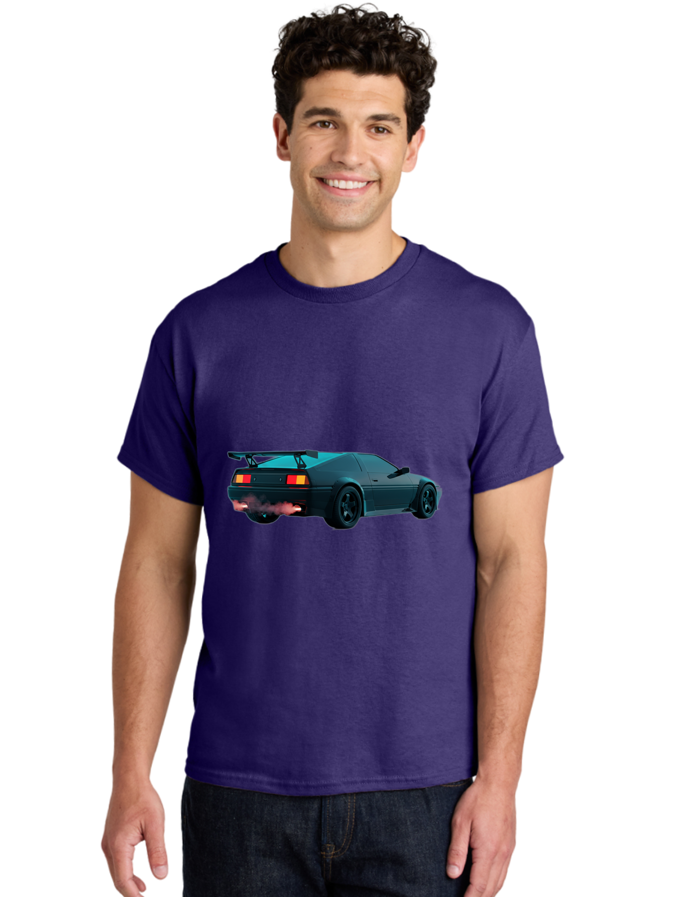 Black-Sports-Car Men'S Graphic Tee, 100% Cotton, Comfortable Casual Summer Wear, Machine Washable, Classic Sports Car, Drift Car, Rear View, Black Car, Red Brake Lights, Orange Turn Signals, Black Spoiler, Smoke From Exhaust, Baa165
