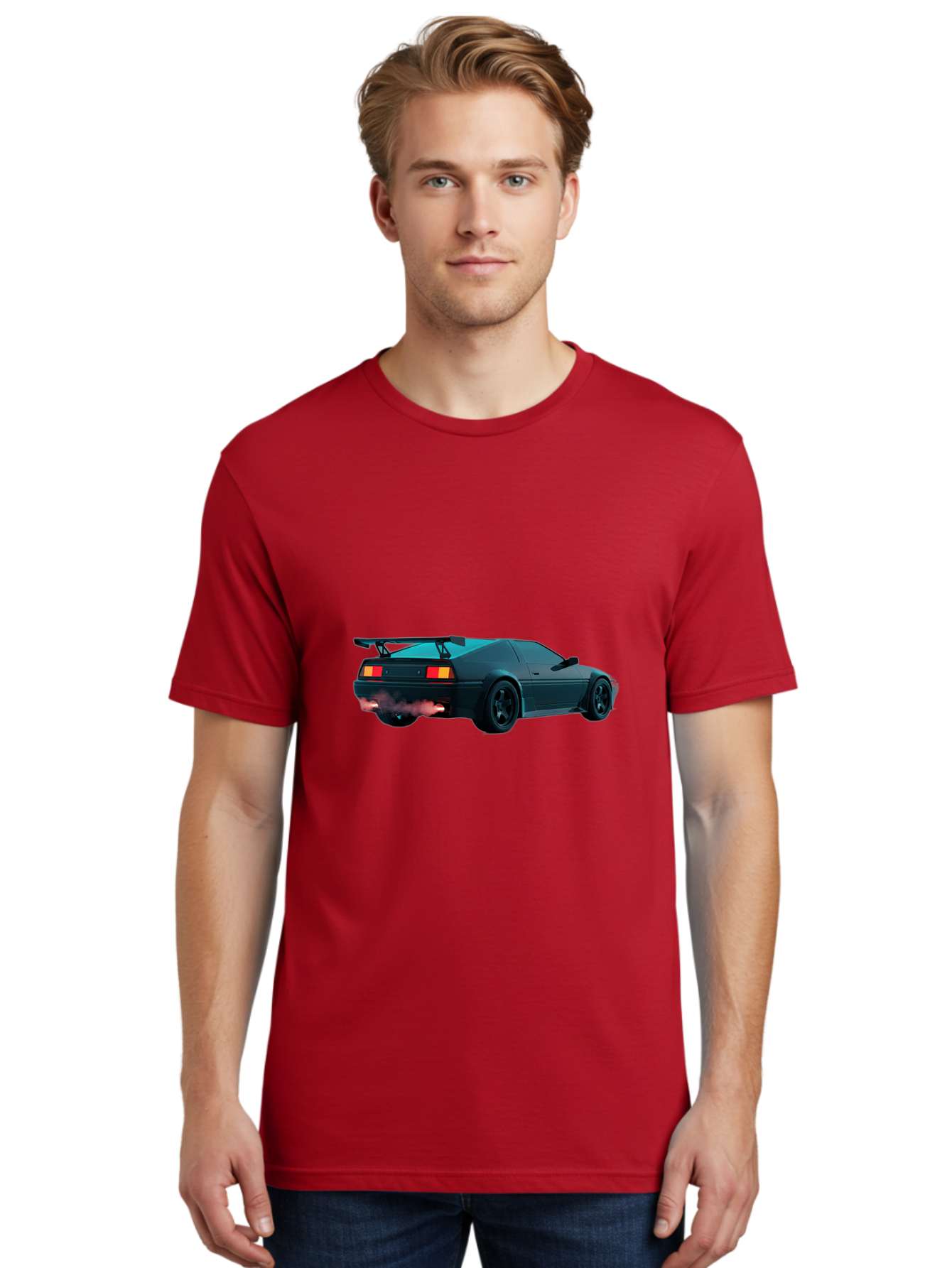 Black-Sports-Car Men'S Graphic Tee, 100% Cotton, Comfortable Casual Summer Wear, Machine Washable, Classic Sports Car, Drift Car, Rear View, Black Car, Red Brake Lights, Orange Turn Signals, Black Spoiler, Smoke From Exhaust, Baa165