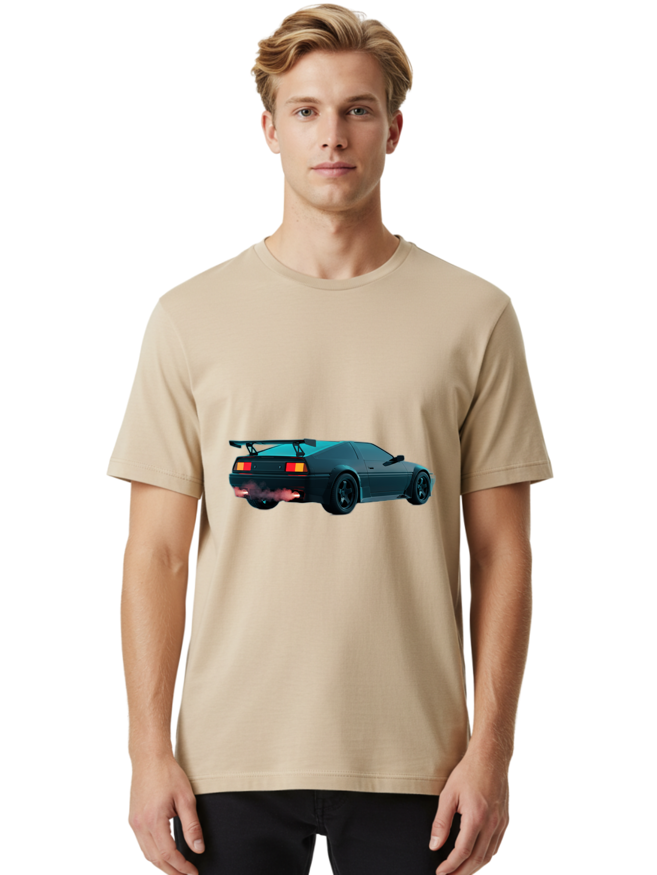 Black-Sports-Car Men'S Graphic Tee, 100% Cotton, Comfortable Casual Summer Wear, Machine Washable, Classic Sports Car, Drift Car, Rear View, Black Car, Red Brake Lights, Orange Turn Signals, Black Spoiler, Smoke From Exhaust, Baa165