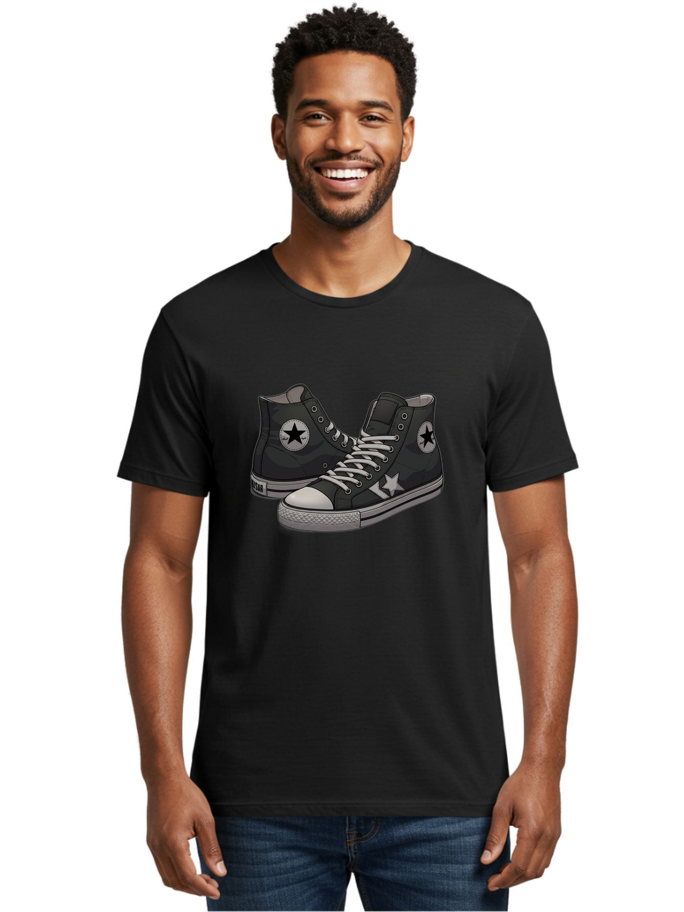 Black-Star-Converse Men'S Graphic Tee, 100% Cotton, Comfortable Casual Summer Wear, Machine Washable, Black Converse Sneakers, High-Top Shoes, Star Logo, White Laces, Rubber Soles, Casual Footwear, Streetwear Fashion, Comfortable Shoes Baa166