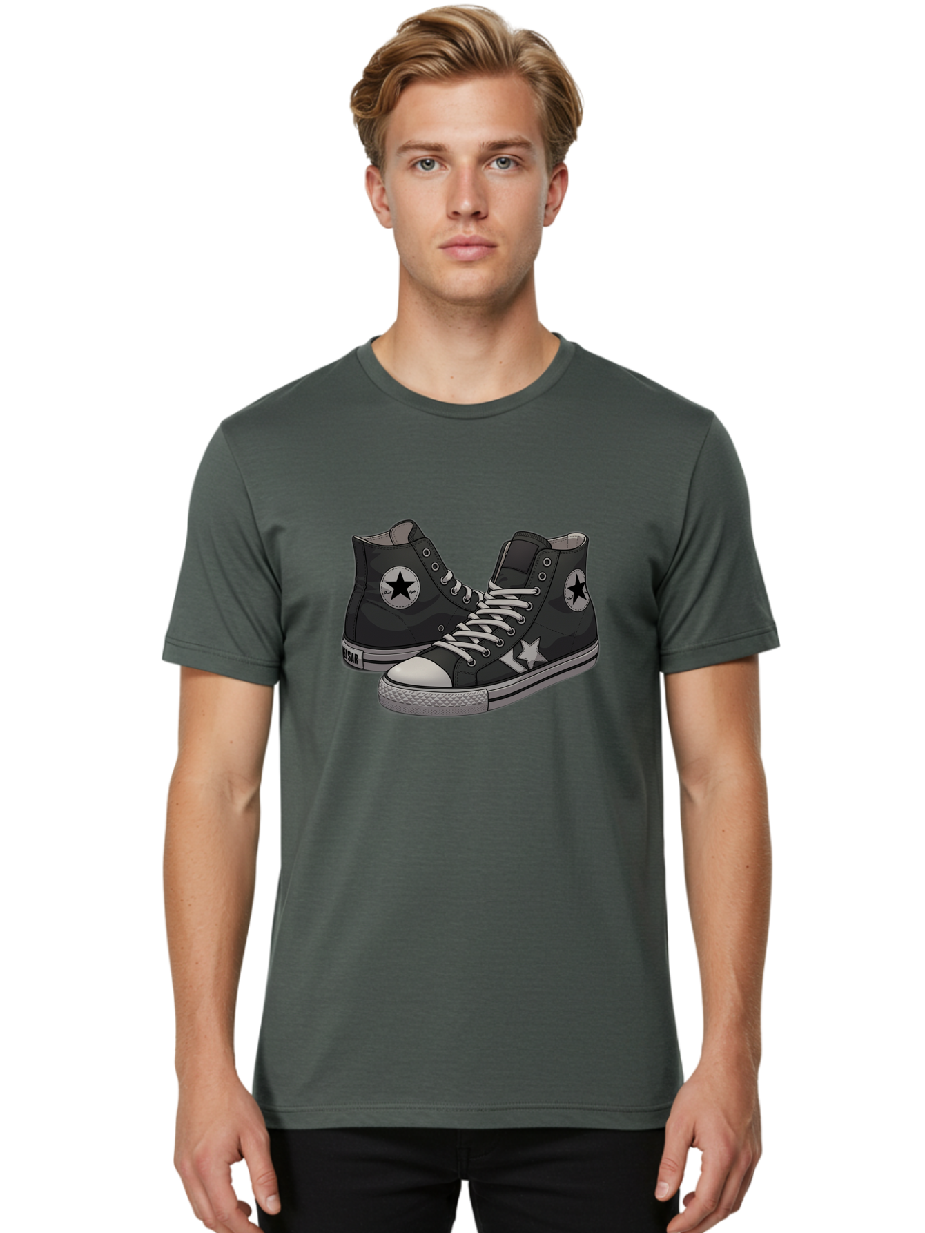 Black-Star-Converse Men'S Graphic Tee, 100% Cotton, Comfortable Casual Summer Wear, Machine Washable, Black Converse Sneakers, High-Top Shoes, Star Logo, White Laces, Rubber Soles, Casual Footwear, Streetwear Fashion, Comfortable Shoes Baa166