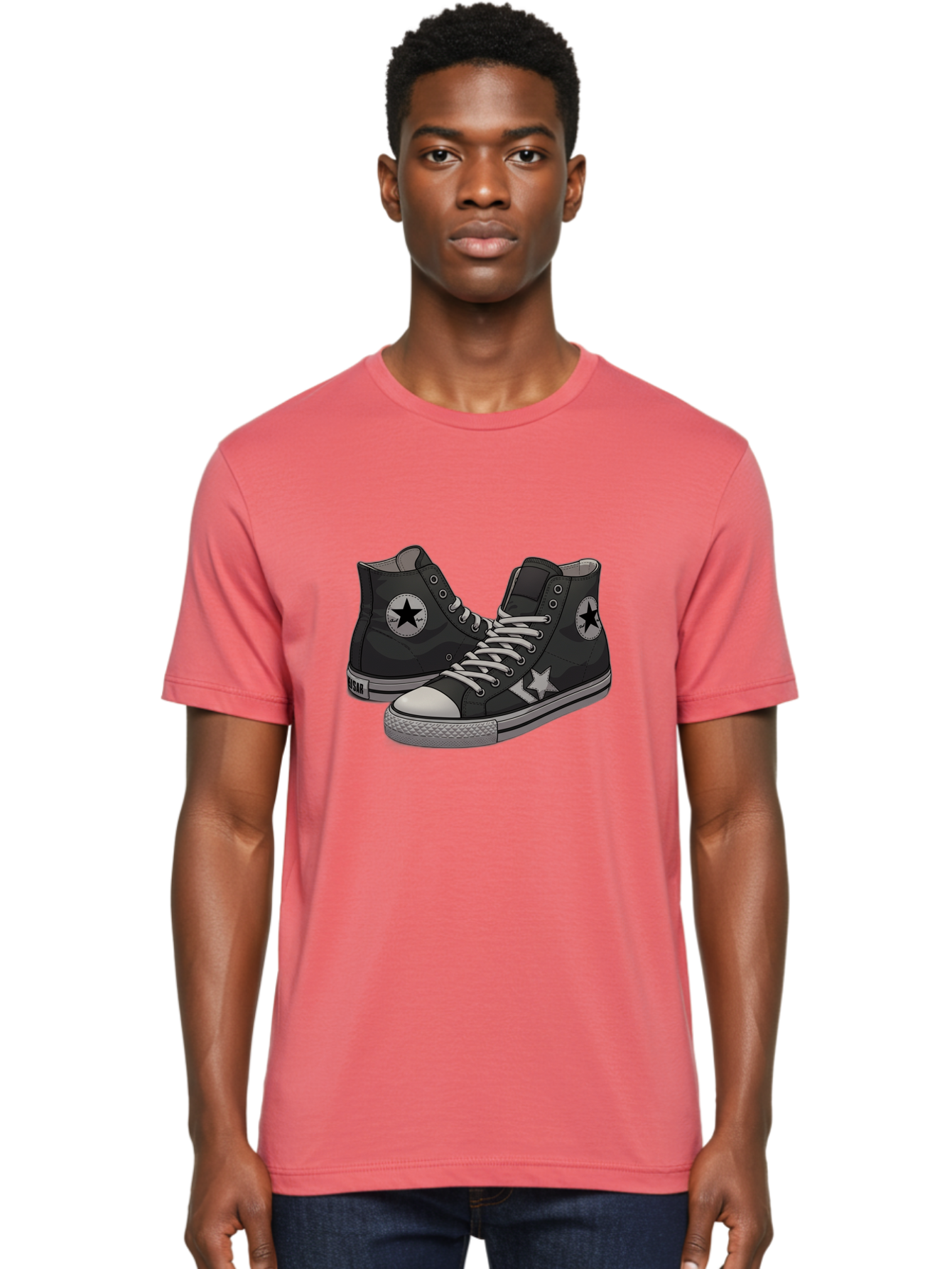 Black-Star-Converse Men'S Graphic Tee, 100% Cotton, Comfortable Casual Summer Wear, Machine Washable, Black Converse Sneakers, High-Top Shoes, Star Logo, White Laces, Rubber Soles, Casual Footwear, Streetwear Fashion, Comfortable Shoes Baa166
