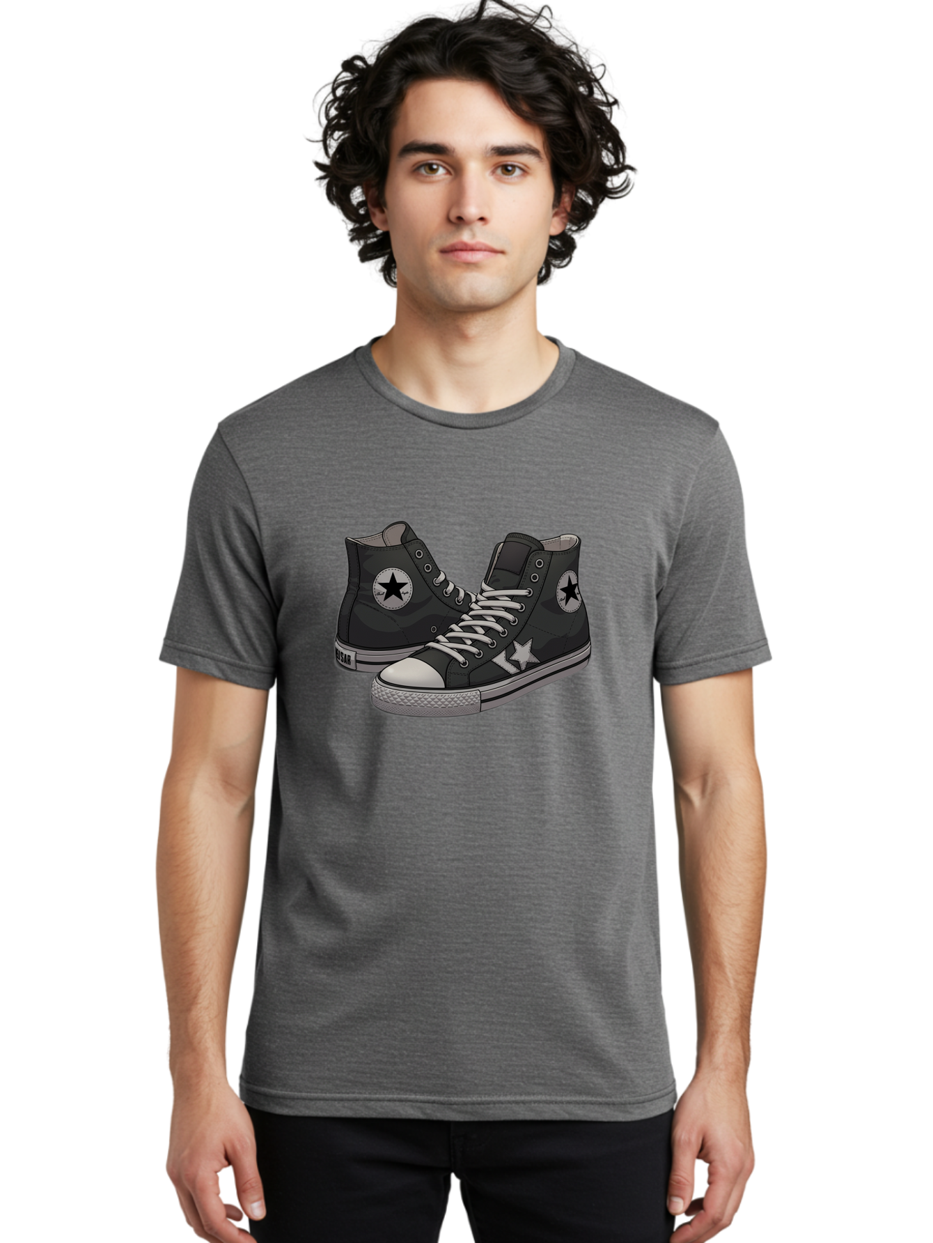Black-Star-Converse Men'S Graphic Tee, 100% Cotton, Comfortable Casual Summer Wear, Machine Washable, Black Converse Sneakers, High-Top Shoes, Star Logo, White Laces, Rubber Soles, Casual Footwear, Streetwear Fashion, Comfortable Shoes Baa166