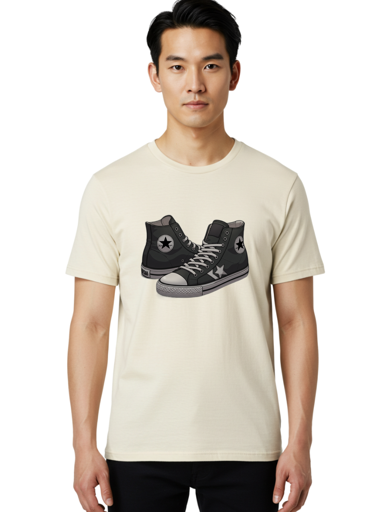 Black-Star-Converse Men'S Graphic Tee, 100% Cotton, Comfortable Casual Summer Wear, Machine Washable, Black Converse Sneakers, High-Top Shoes, Star Logo, White Laces, Rubber Soles, Casual Footwear, Streetwear Fashion, Comfortable Shoes Baa166