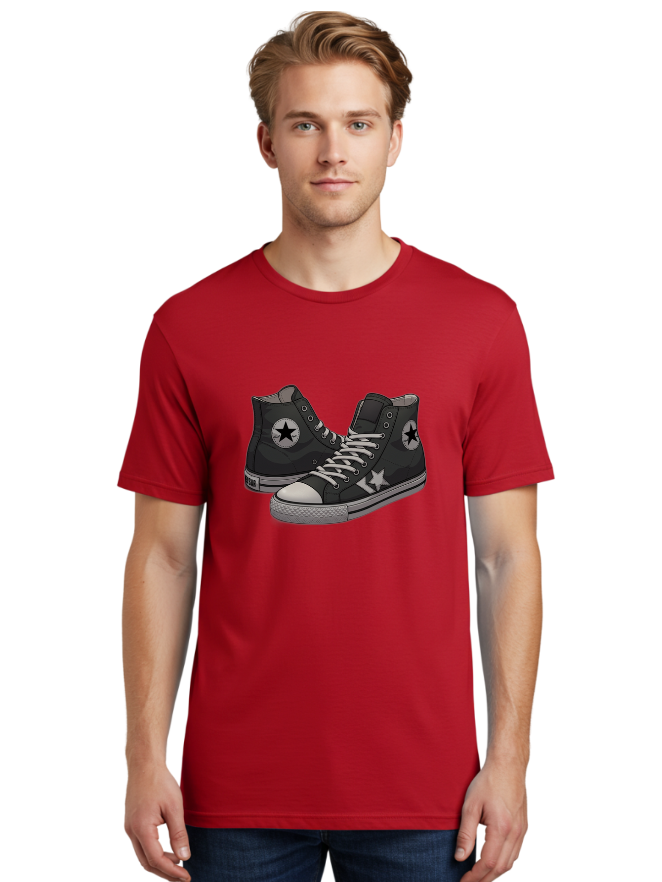 Black-Star-Converse Men'S Graphic Tee, 100% Cotton, Comfortable Casual Summer Wear, Machine Washable, Black Converse Sneakers, High-Top Shoes, Star Logo, White Laces, Rubber Soles, Casual Footwear, Streetwear Fashion, Comfortable Shoes Baa166