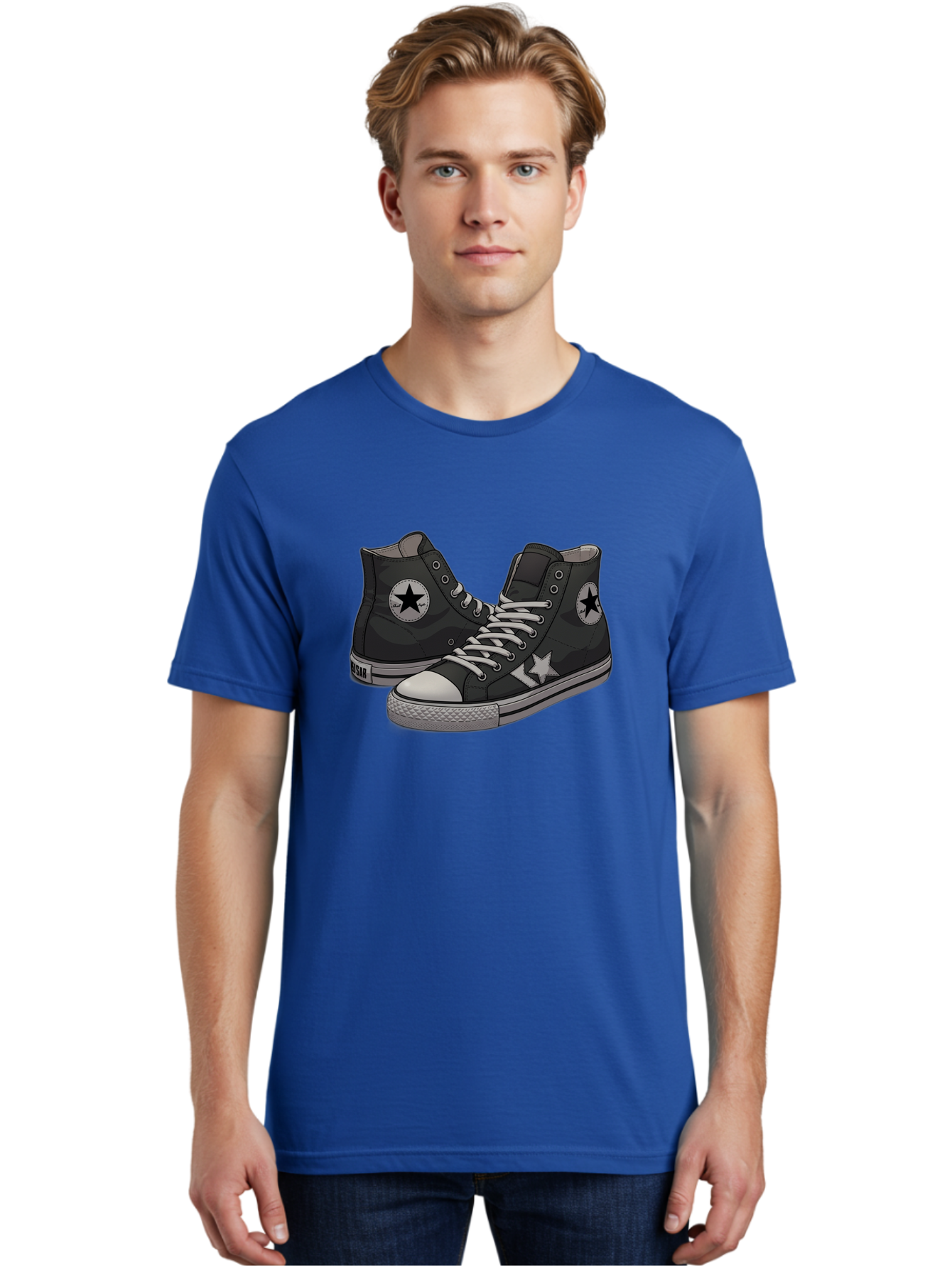 Black-Star-Converse Men'S Graphic Tee, 100% Cotton, Comfortable Casual Summer Wear, Machine Washable, Black Converse Sneakers, High-Top Shoes, Star Logo, White Laces, Rubber Soles, Casual Footwear, Streetwear Fashion, Comfortable Shoes Baa166