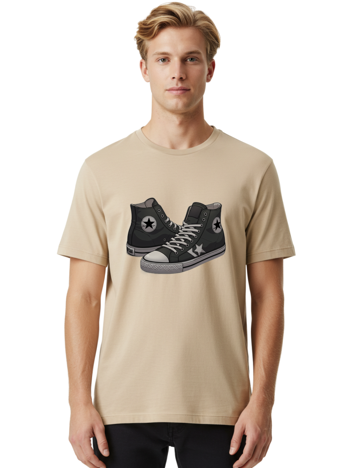 Black-Star-Converse Men'S Graphic Tee, 100% Cotton, Comfortable Casual Summer Wear, Machine Washable, Black Converse Sneakers, High-Top Shoes, Star Logo, White Laces, Rubber Soles, Casual Footwear, Streetwear Fashion, Comfortable Shoes Baa166