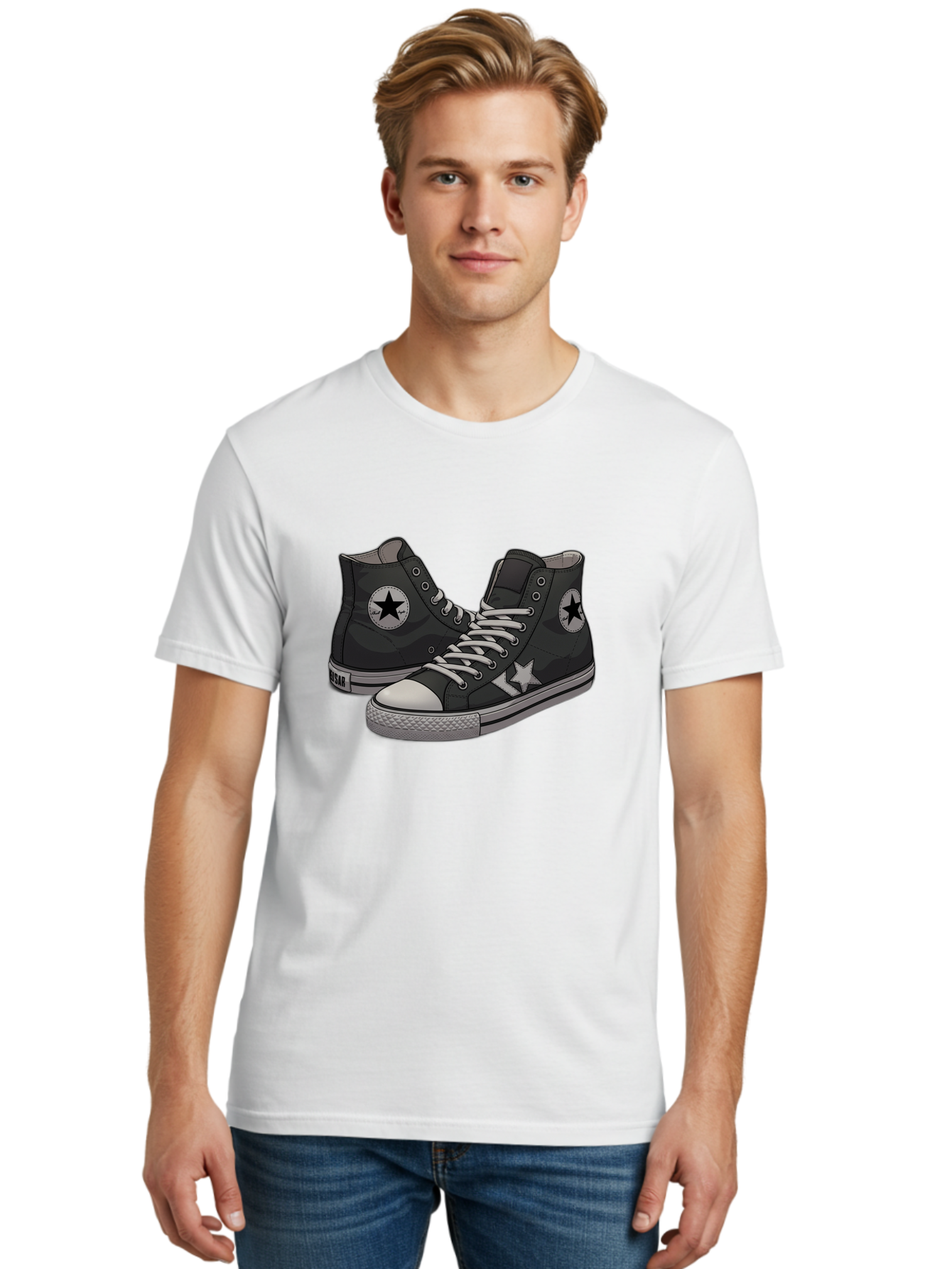 Black-Star-Converse Men'S Graphic Tee, 100% Cotton, Comfortable Casual Summer Wear, Machine Washable, Black Converse Sneakers, High-Top Shoes, Star Logo, White Laces, Rubber Soles, Casual Footwear, Streetwear Fashion, Comfortable Shoes Baa166
