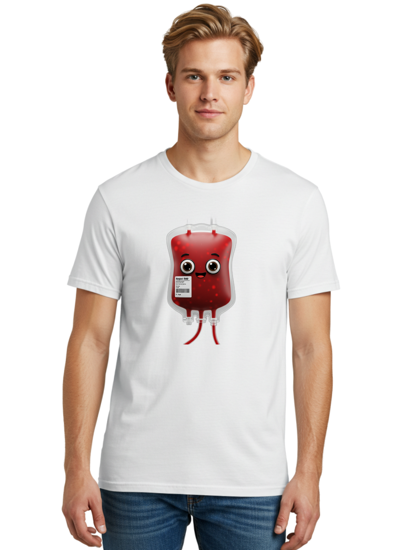 Blood-Bag Men'S Graphic Tee, 100% Cotton, Comfortable Casual Summer Wear, Machine Washable, Blood Bag With Face, Cartoon Character, Red Liquid, Medical Supply, Barcode Label, Iv Drip, Healthcare, Donation, Transfusion Baa169
