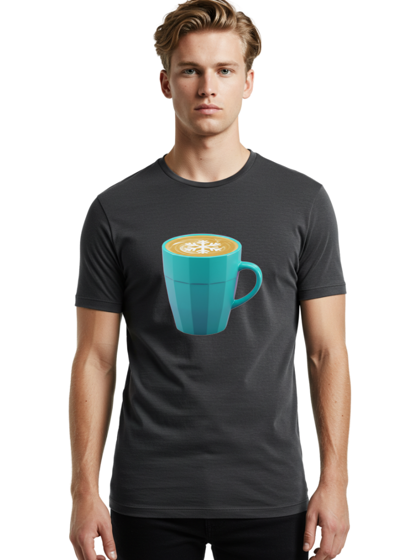 Blue-Coffee-Mug Men'S Graphic Tee, 100% Cotton, Comfortable Casual Summer Wear, Machine Washable, Coffee Cup, Blue Mug, Latte Art, Snowflake Design, Coffee Drink, Morning Coffee, Caffeine Boost, Beverage, Coffee Culture, Winter Theme Baa170