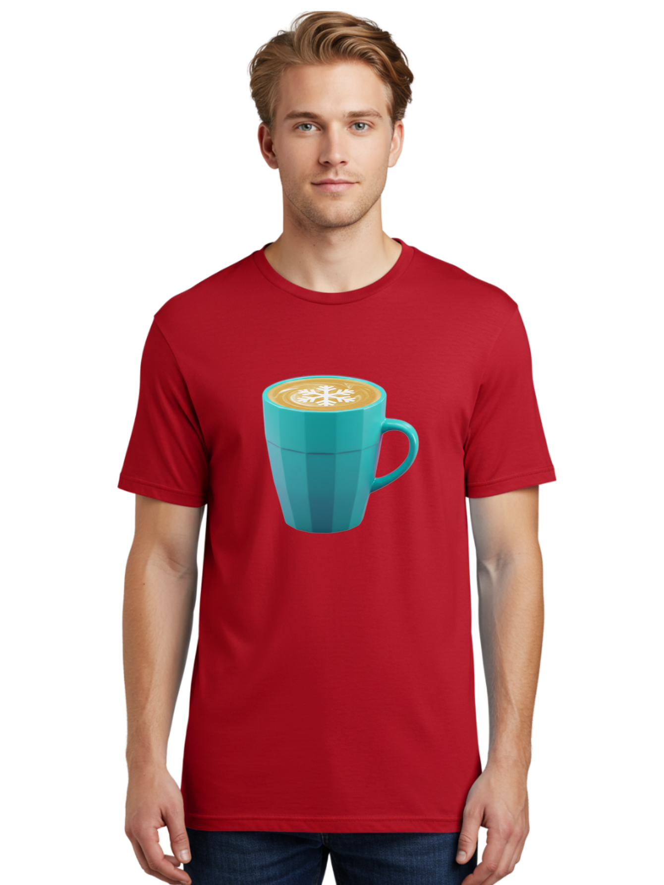 Blue-Coffee-Mug Men'S Graphic Tee, 100% Cotton, Comfortable Casual Summer Wear, Machine Washable, Coffee Cup, Blue Mug, Latte Art, Snowflake Design, Coffee Drink, Morning Coffee, Caffeine Boost, Beverage, Coffee Culture, Winter Theme Baa170