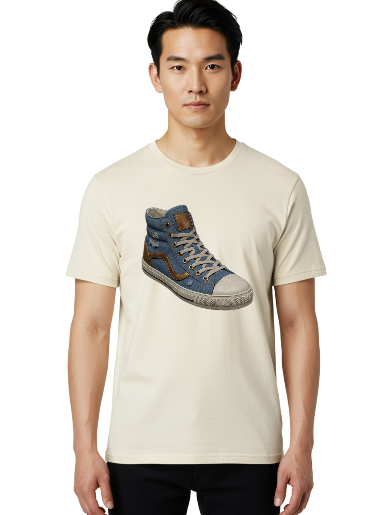 Blue-Denim-High-Top-Sneaker Men'S Graphic Tee, 100% Cotton, Comfortable Casual Summer Wear, Machine Washable, High-Top Denim Sneakers, Blue Denim, Fashionable Sneakers, Casual Footwear, White Laces, Brown Accents, Distressed Design, Baa172