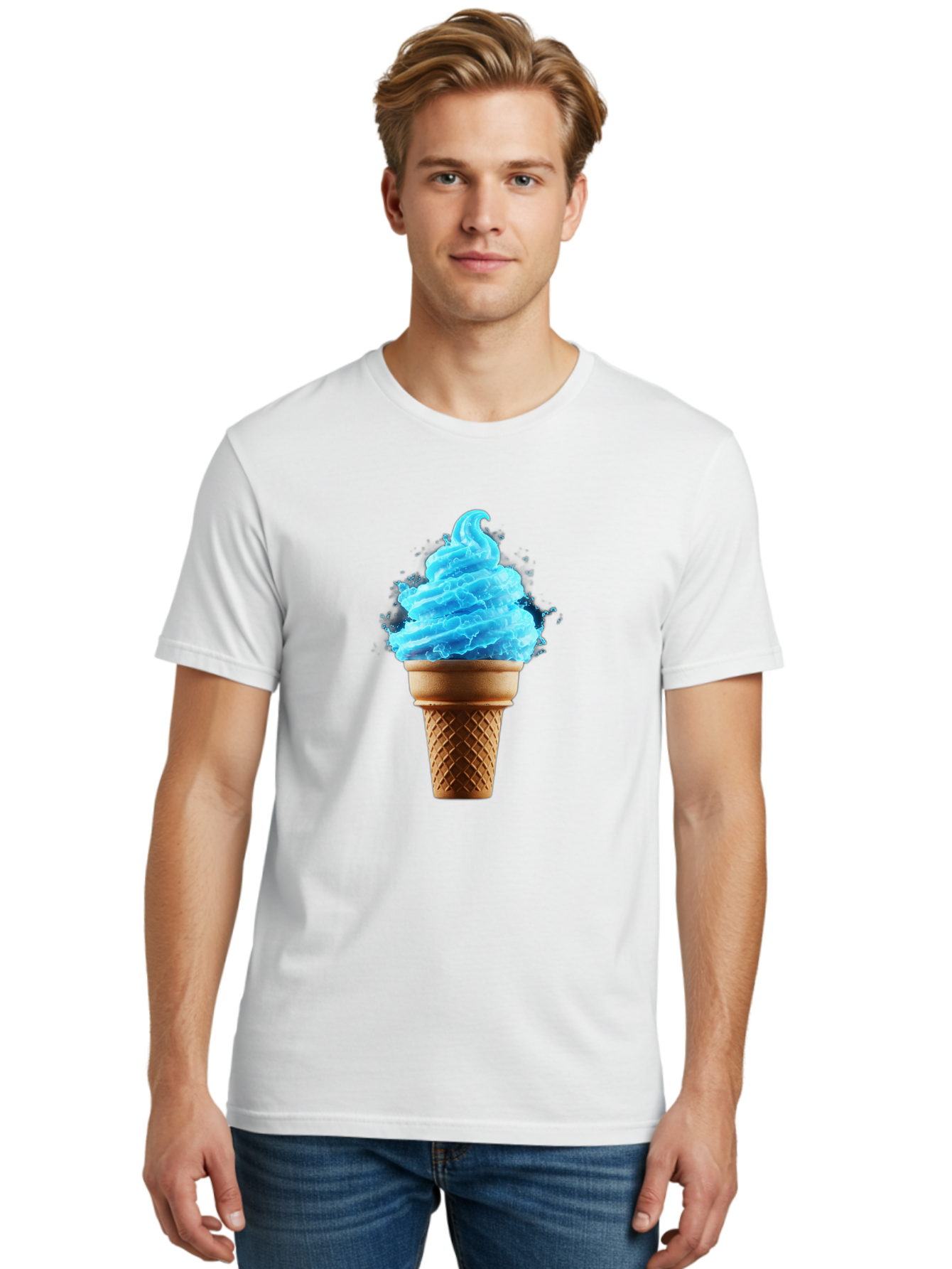 Blue-Ice-Cream-Cone Men'S Graphic Tee, 100% Cotton, Comfortable Casual Summer Wear, Machine Washable, Blue Ice Cream, Ice Cream Cone, Soft Serve, Sweet Treats, Summertime Fun, Cold Desserts, Ice Cream Lovers, Frozen Delights, Creamy Texture, Baa175