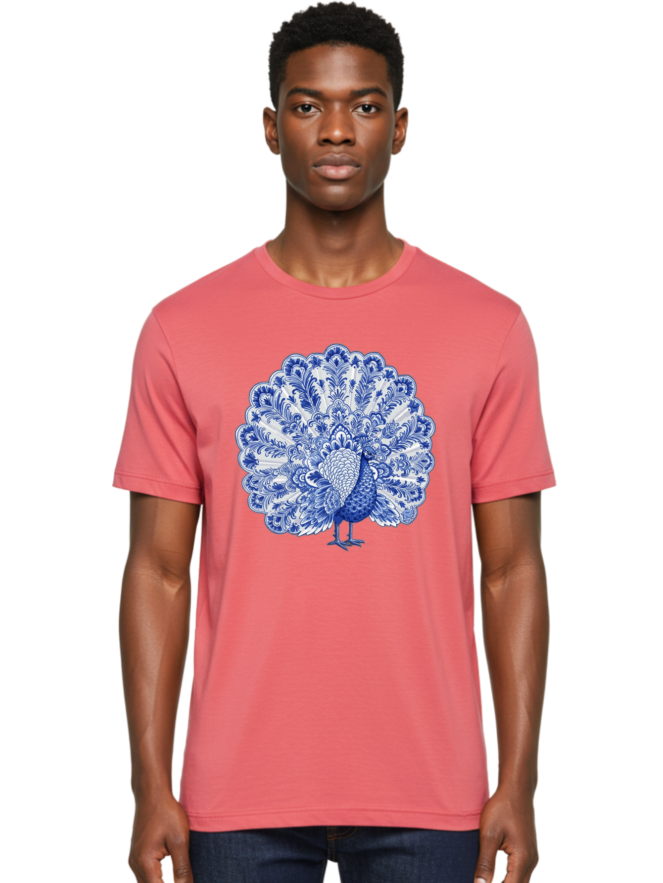 Blue-Peacock Men'S Graphic Tee, 100% Cotton, Comfortable Casual Summer Wear, Machine Washable, Peacock Illustration, Blue And White Design, Floral Pattern, Elegant Bird, Ornate Plumage, Luxurious Texture, Vintage Style, Decorative Art, Baa176