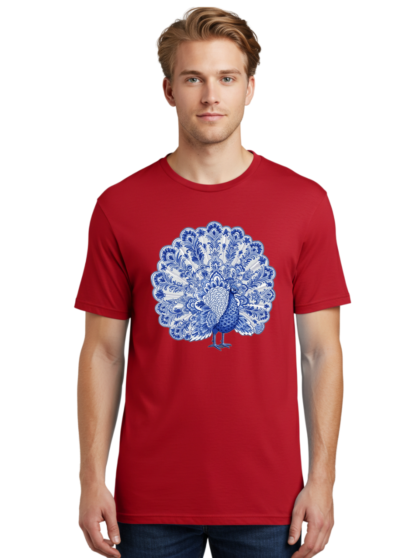 Blue-Peacock Men'S Graphic Tee, 100% Cotton, Comfortable Casual Summer Wear, Machine Washable, Peacock Illustration, Blue And White Design, Floral Pattern, Elegant Bird, Ornate Plumage, Luxurious Texture, Vintage Style, Decorative Art, Baa176