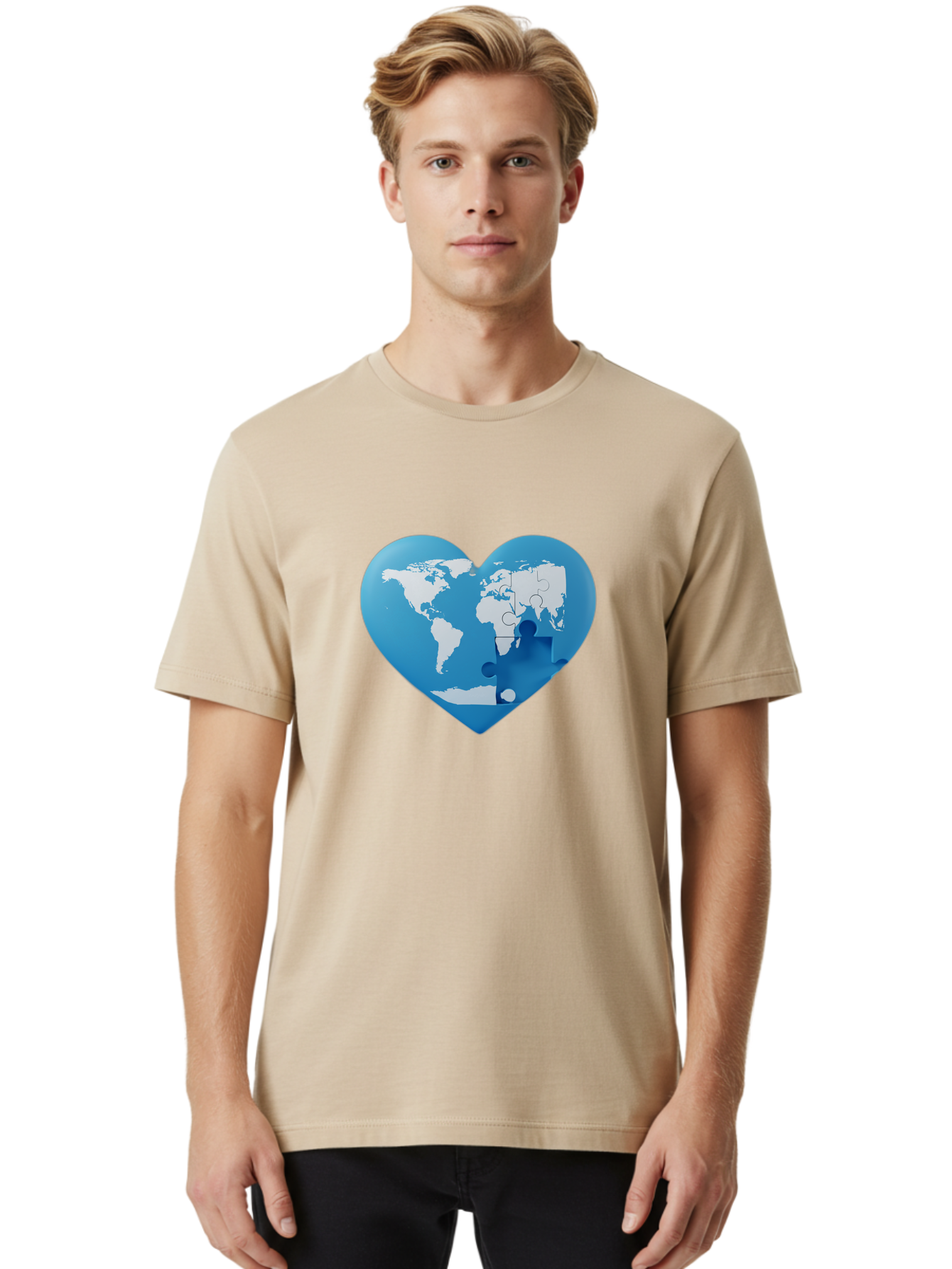 Blue-World-Map-Heart Men'S Graphic Tee, 100% Cotton, Comfortable Casual Summer Wear, Machine Washable, Heart-Shaped World Map, Puzzle Pieces, Global Unity, International Cooperation, Charity Symbol, Love For The World, Interconnectedness, Baa178