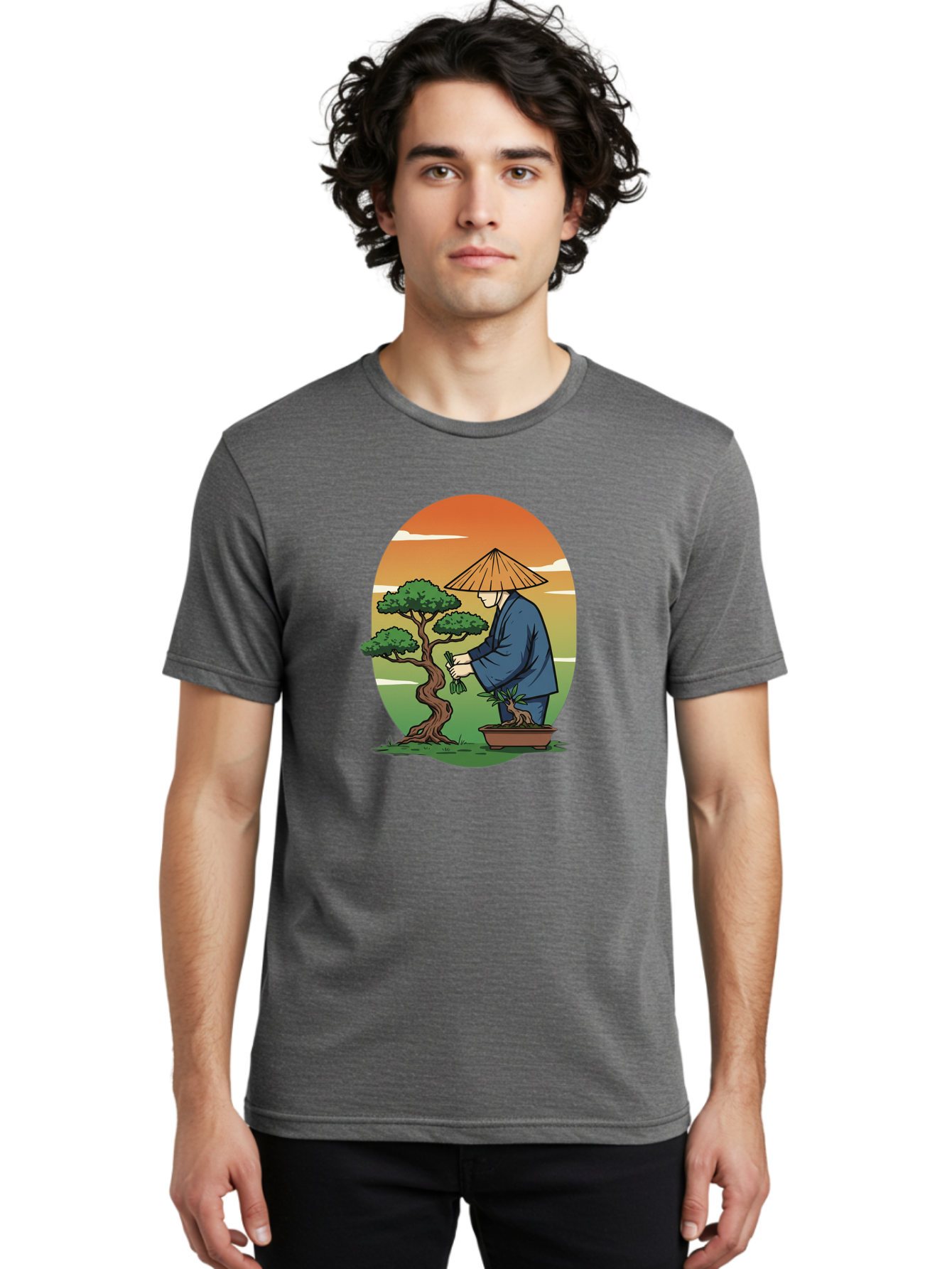 Bonsai-Gardener Men'S Graphic Tee, 100% Cotton, Comfortable Casual Summer Wear, Machine Washable, Bonsai Tree, Gardener, Serene Landscape, Tranquil Atmosphere, Traditional Asian Attire, Japanese Culture, Gardening, Calm Environment, Baa179