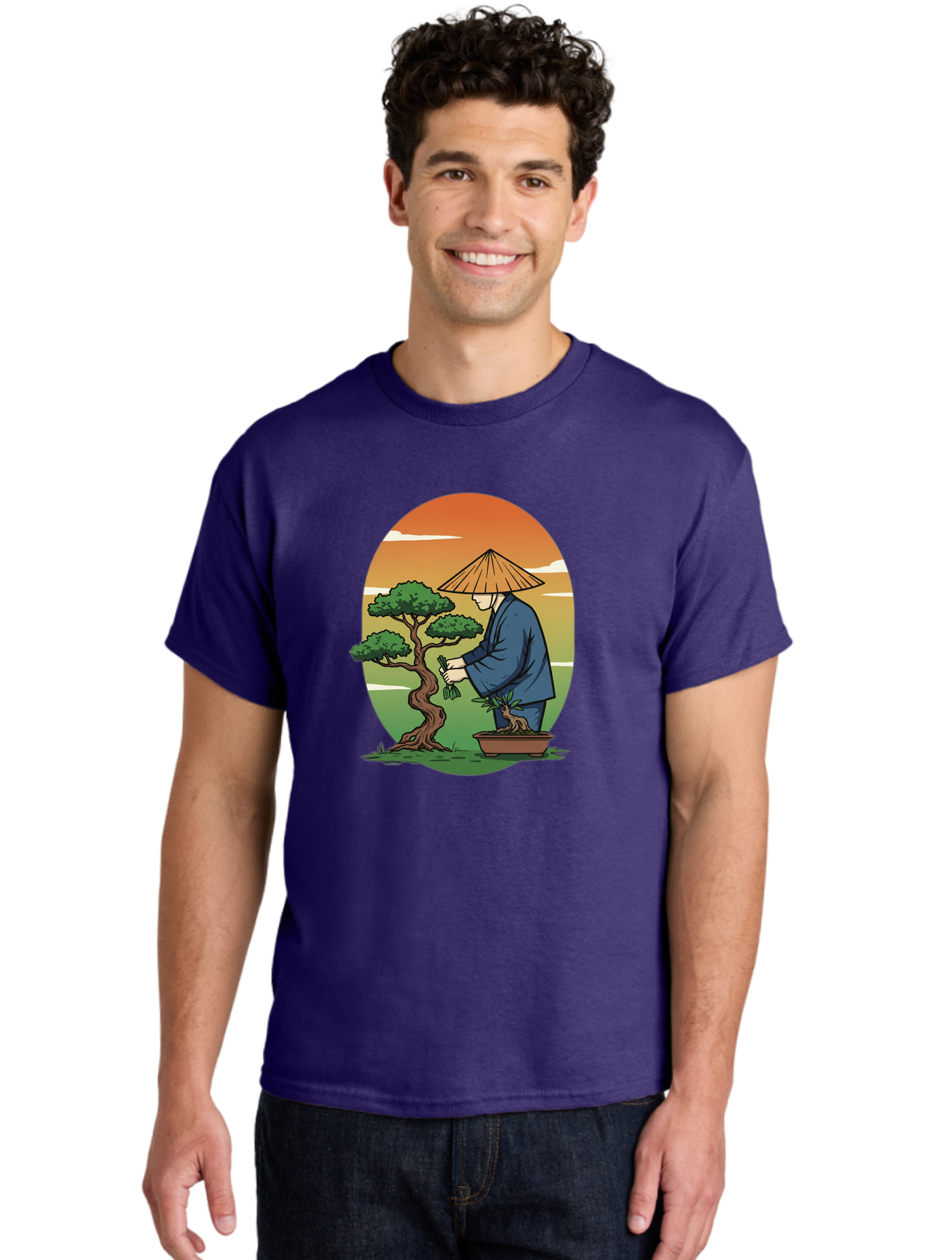 Bonsai-Gardener Men'S Graphic Tee, 100% Cotton, Comfortable Casual Summer Wear, Machine Washable, Bonsai Tree, Gardener, Serene Landscape, Tranquil Atmosphere, Traditional Asian Attire, Japanese Culture, Gardening, Calm Environment, Baa179